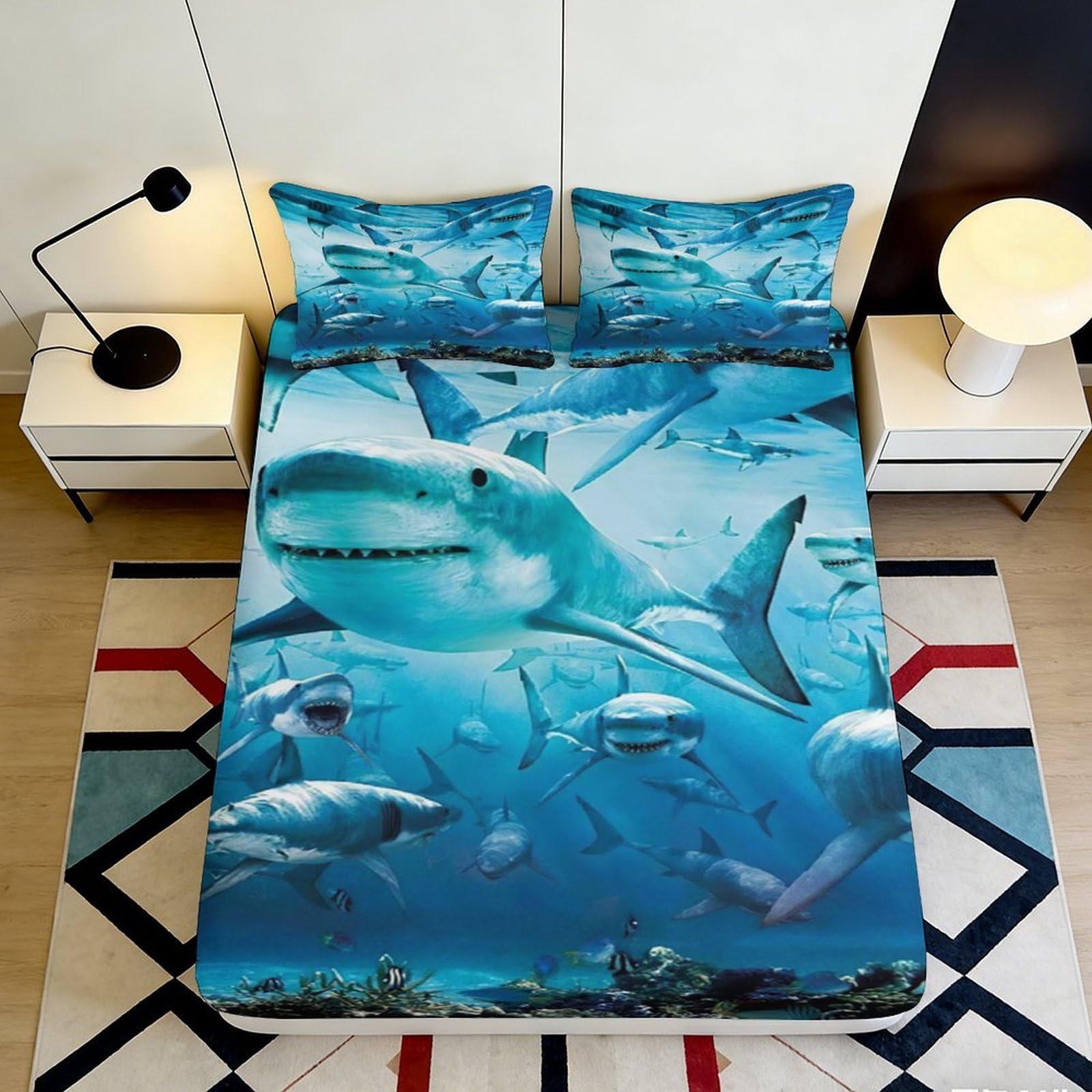 3D Printed Shark Ocean Fitted Sheet Microfiber Soft Blue Underwater Bed Cover for Bedroom Guest Room Decor 90x200x25cm
