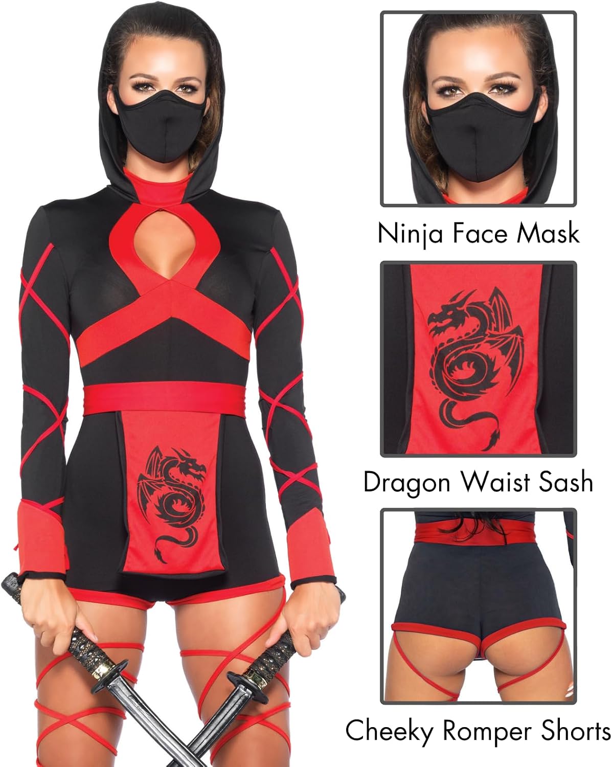 Leg Avenue Women's 3 Pc Dragon Ninja Costume with Hooded Romper, Waist Sash, Face Mask