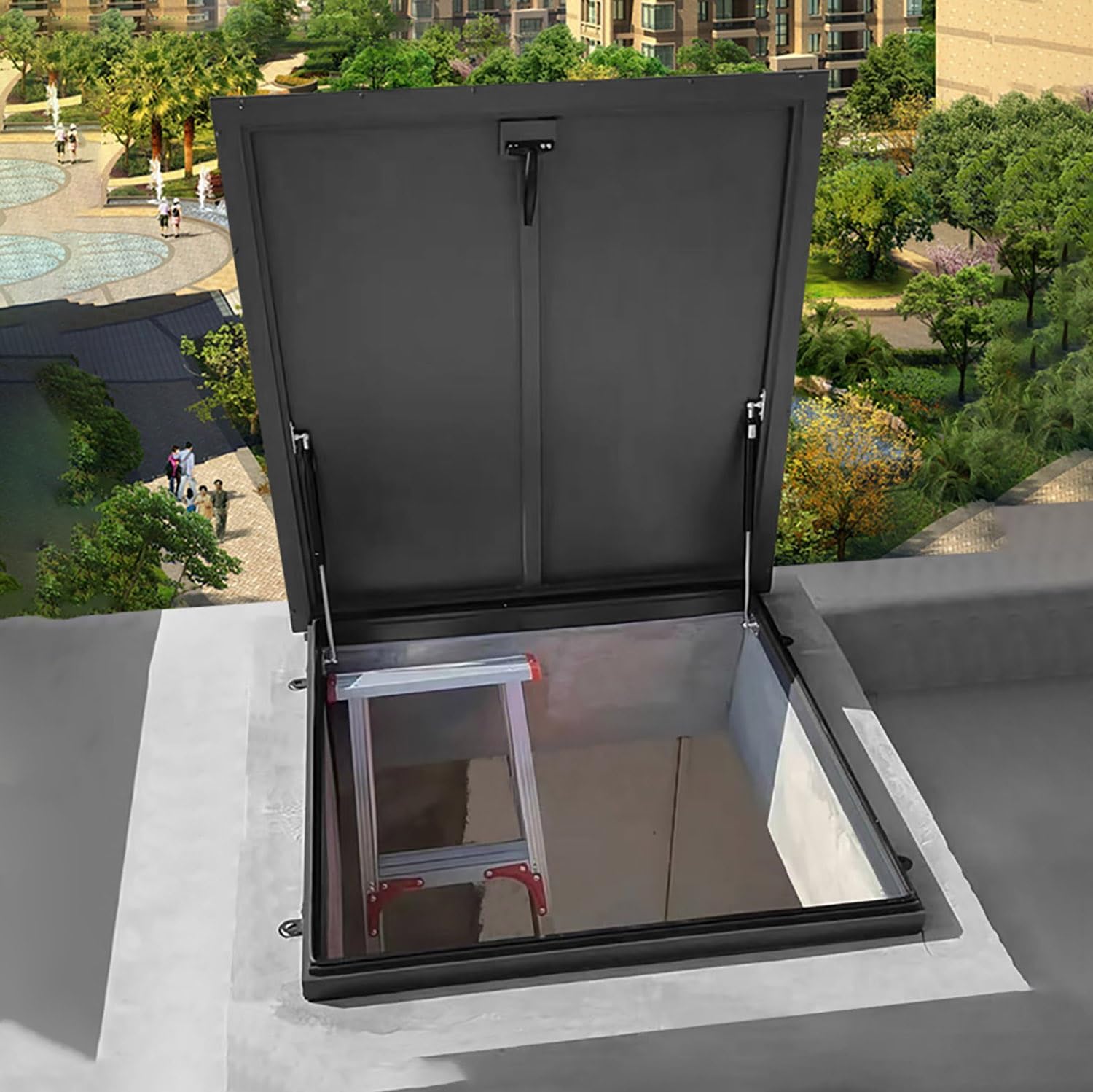 Aluminum Alloy Metal Rooftop Hatch Lockable Handle Roof Vent Roof Access Hatch Door with Support Rod for Residences Greenhouses Roofs.(ID35.4x35.4in)