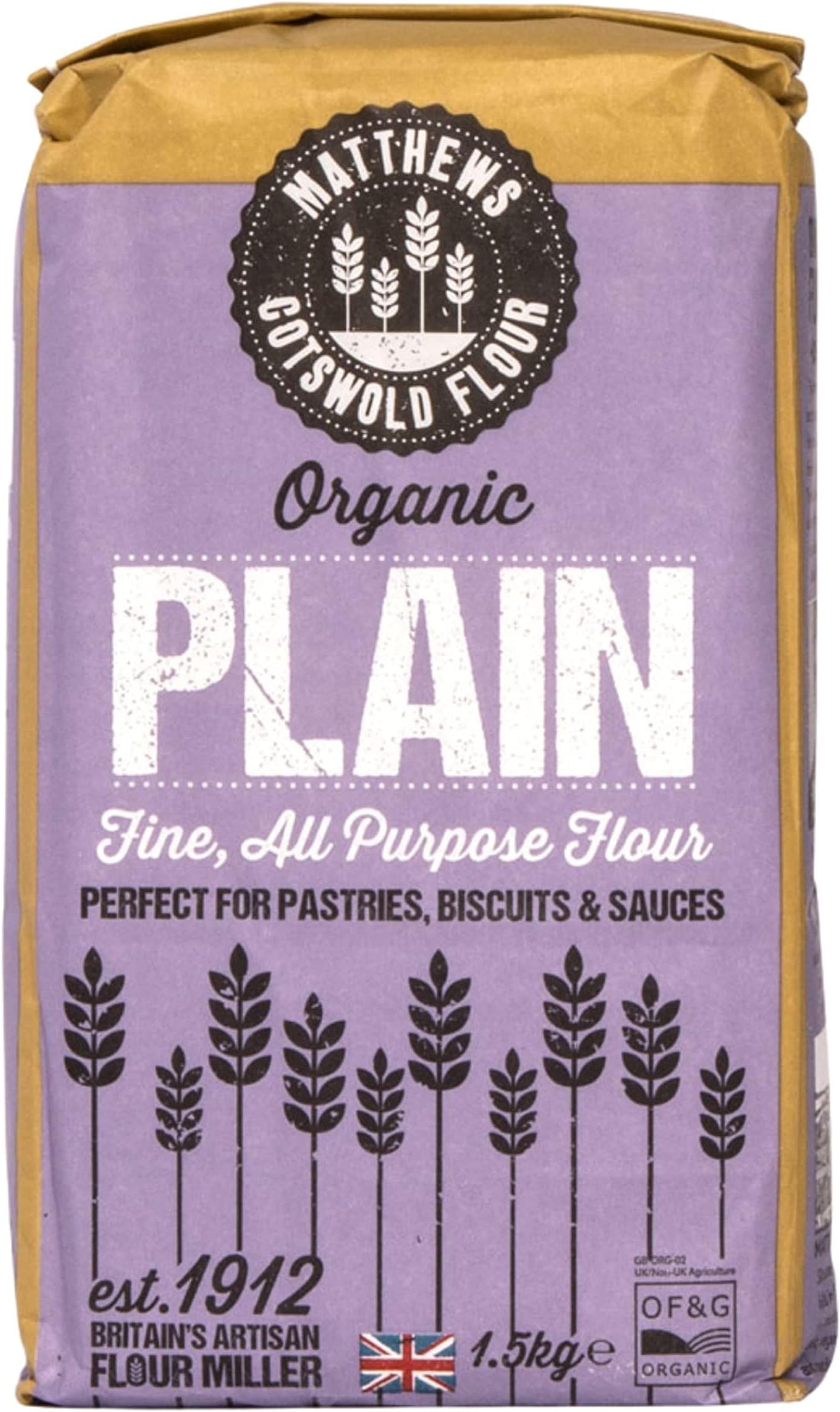 Matthews Organic Plain All-Purpose Flour - 1.5kg Bag (Pack Of 5)