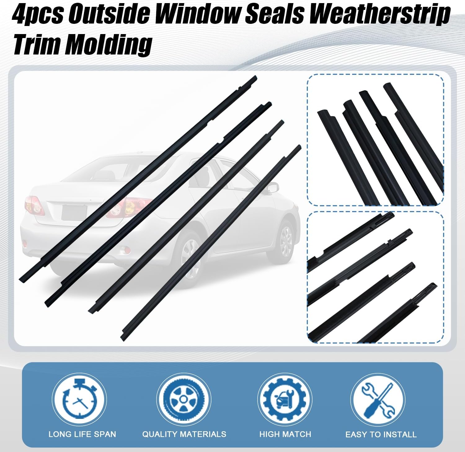 4pcs Outside Window Seals Weatherstrip Trim Molding Compatible with Toyota Corolla CE/LE/S/XRS Sedan 4-Door 2004-2008 Replaces 75710-02100 75720-02100 75730-02100 75740-0210