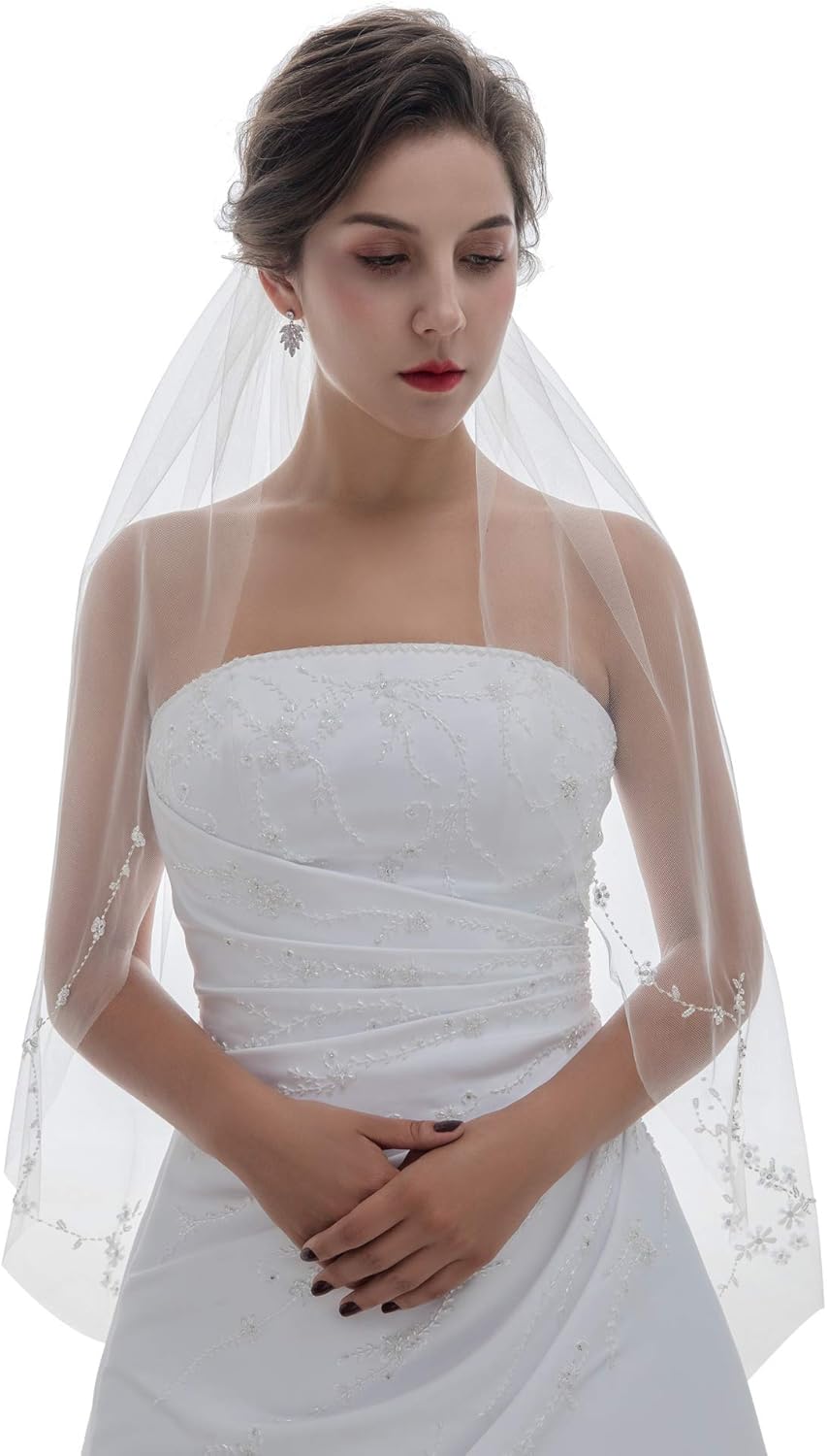 SAMKY 1T 1 Tier Offset Floral Vine Pearls Beaded Crystals Bridal Veil