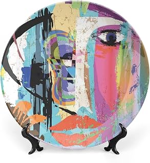 XISUNYA 10 Inch Decorative Plate, Abstract Ceramic Stoneware, Woman Face Art Paint Strokes Splashes Eye Red Lips Grungy Print Ceramic Wall Hanging Decor Accessory for Dining Table Tabletop Home Decor