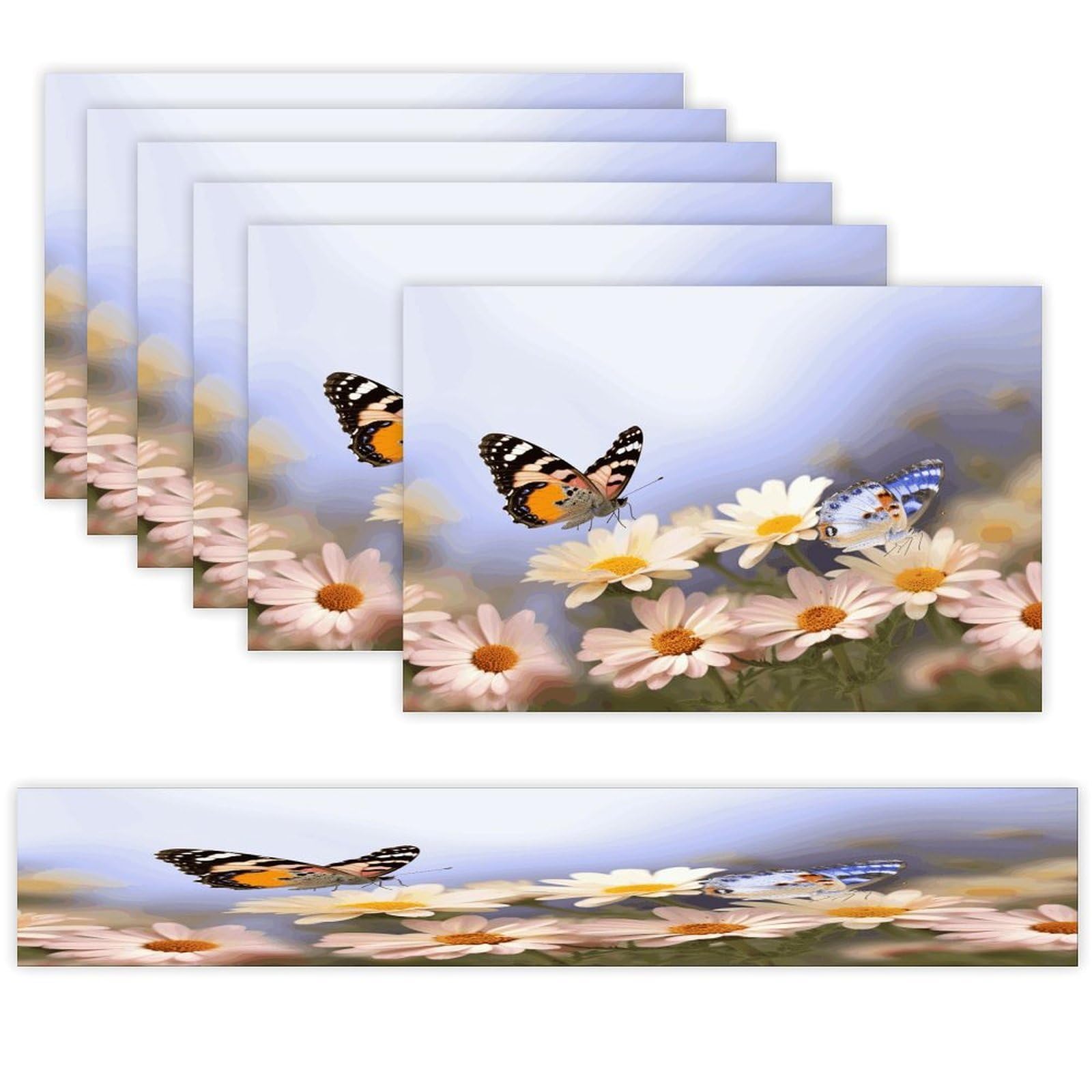 Butterfly Daisy Table Runner and Placemats Set of 6 Heat Resistant Table Runner Place Mats Modern Cloth Table Mat Washable Linen Placemat Festive Reusable Set