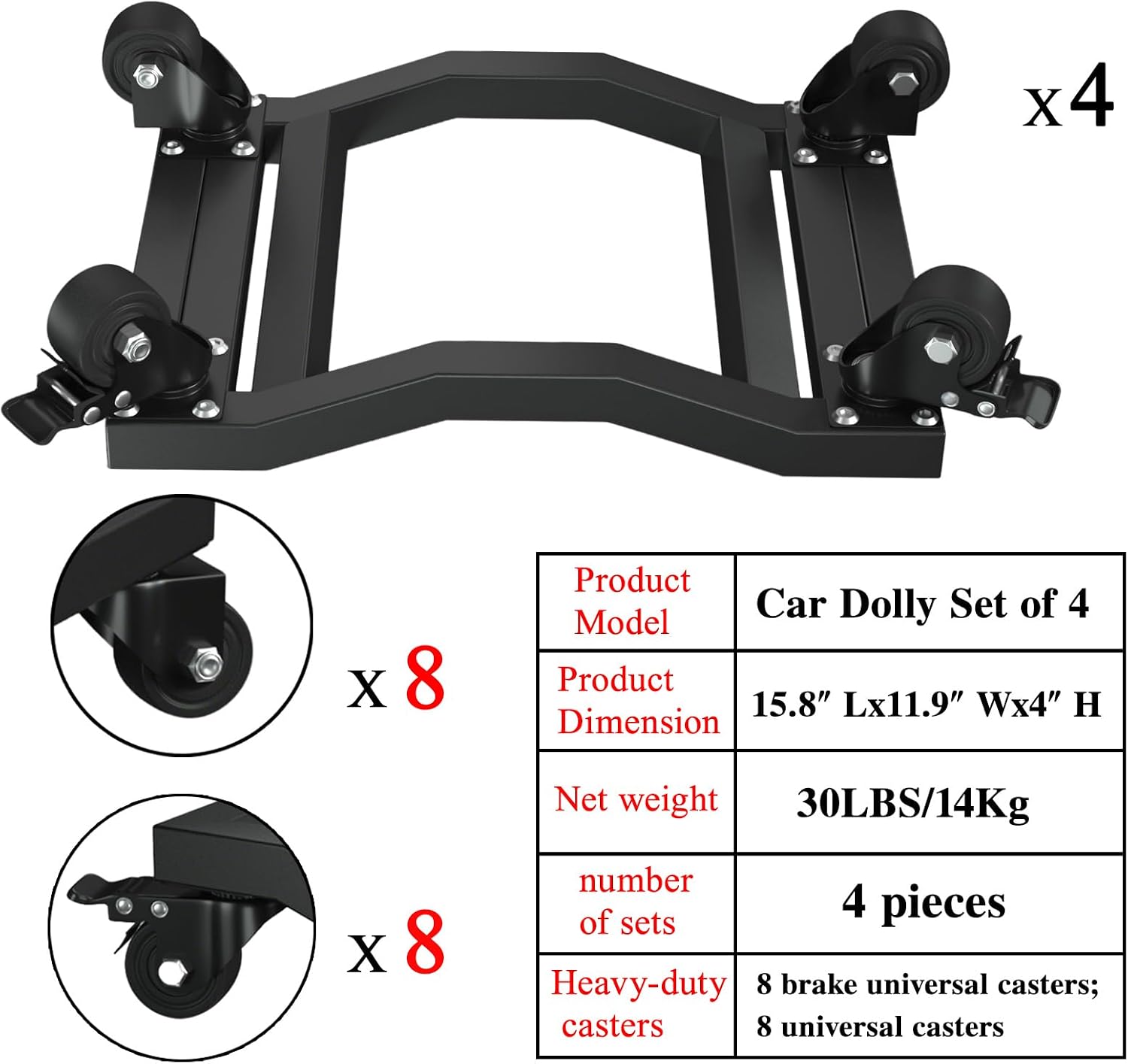 Car Dolly Set of 4, 6,800 lb Capacity - Industrial Grade Stainless Steel Vehicle Moving Dollies with Locking Caster Wheels & U-Shaped Design for Cars, SUVs, Trucks, Trailers