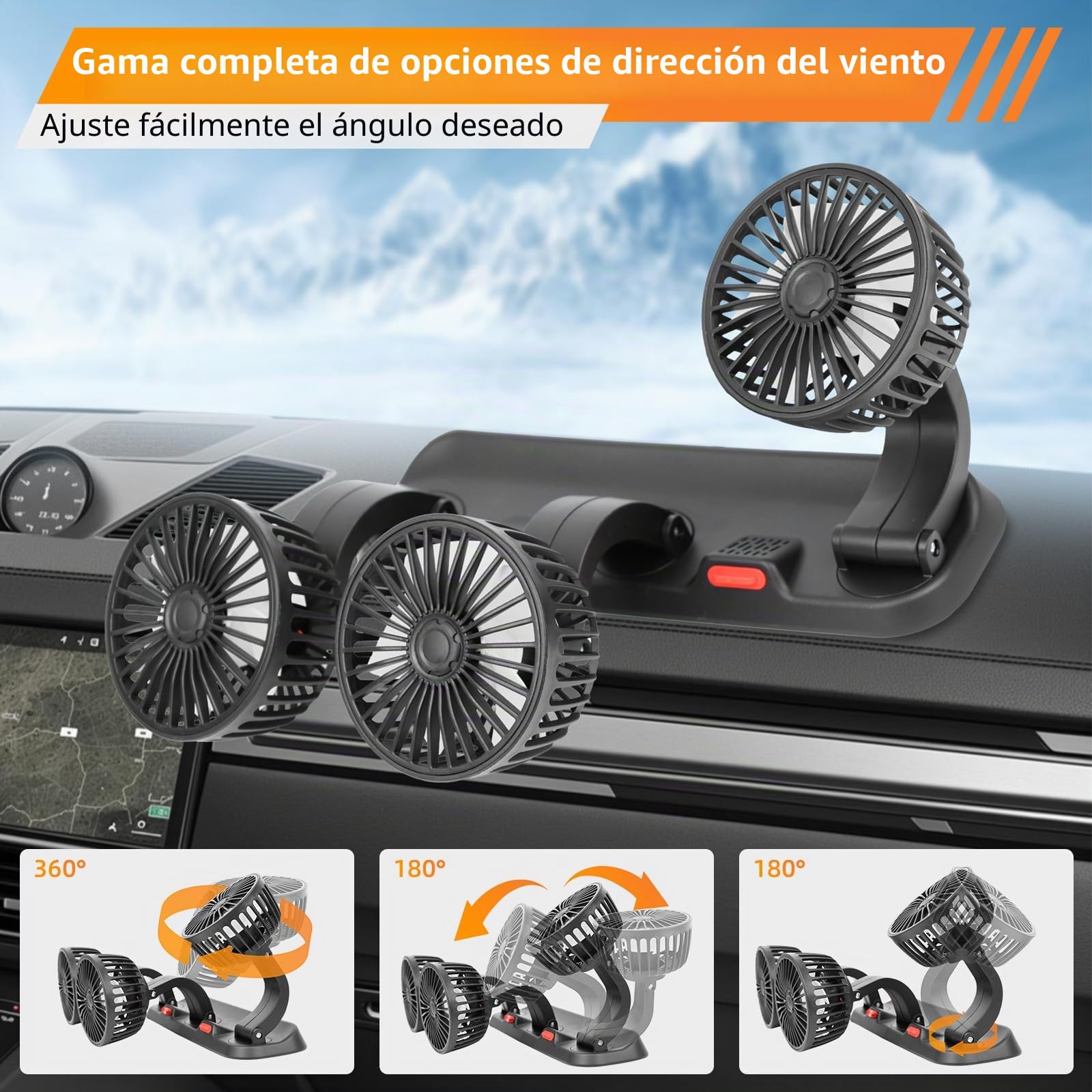 Riloer Ventilador de aire de refrigeración portátil para coche, 360 ° giratorio Circulador de Aire Eléctrico de Tres Cabezales, Ventilador USB con 2 Velocidades Ajustables para Vehículos SUVy Oficina
