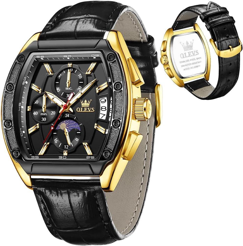 OLEVS Mens Watches Analog Quartz Chronograph Square Dress Watch for Man Stainless Steel or Leather Band Waterproof Luminous Date Male Watch