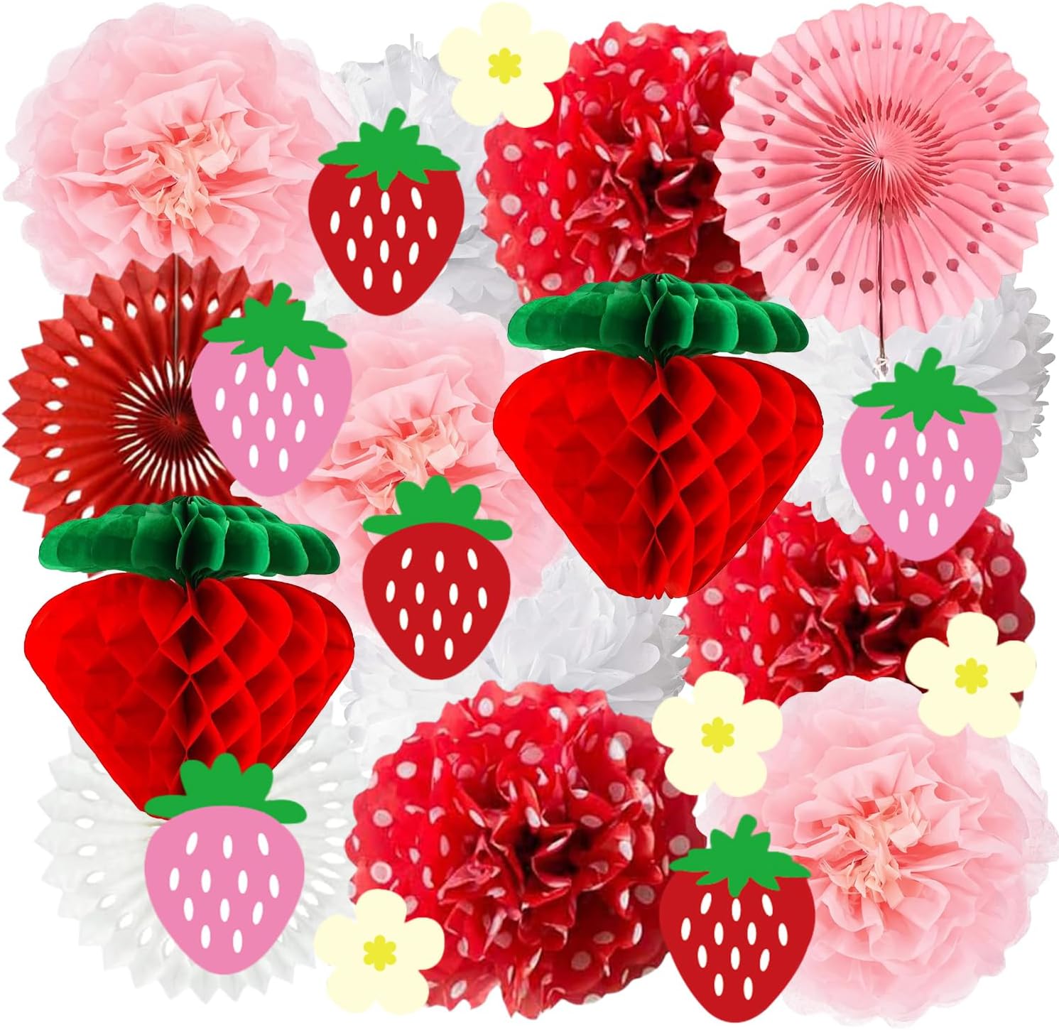 Strawberry Paper Honeycomb Ball, Red Pink White Tissue Pom Poms Fans Honeycomb Lanterns Garland for Girls Women, Berry Sweet Frist Brithday Party Decorations, Shortcake Baby Shower Supplies Favors.