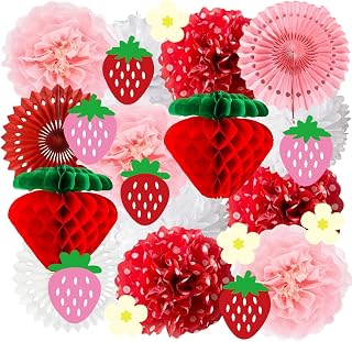 Strawberry Paper Honeycomb Ball, Red Pink White Tissue Pom Poms Fans Honeycomb Lanterns Garland for Girls Women, Berry Sweet Frist Brithday Party Decorations, Shortcake Baby Shower Supplies Favors.