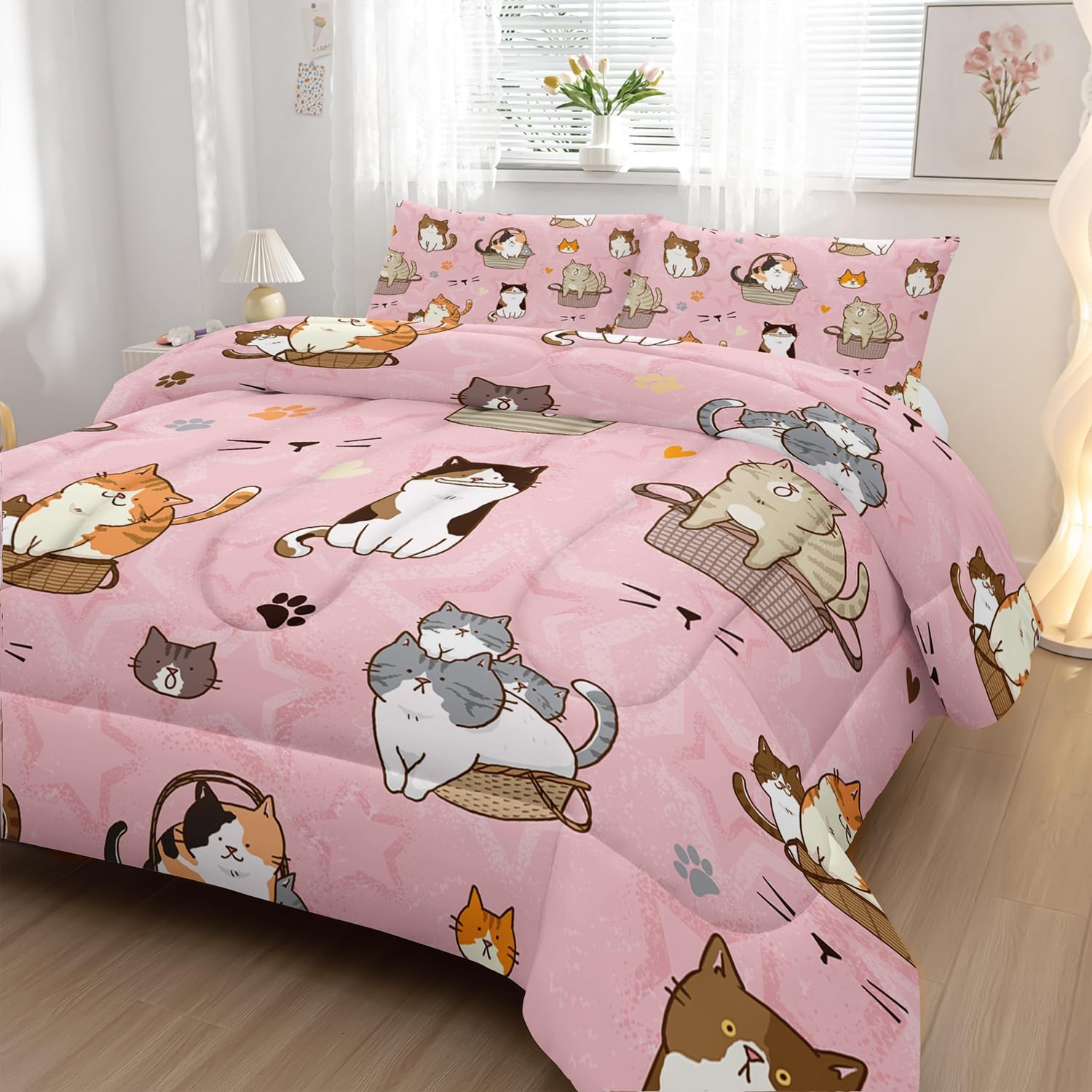 3 Piece Girls Cats Comforter Set Twin Size Cartoon Cat Comforter Set,Pink Cat Bedding Sets for Girls Kids Teens Lovely Kitten Print Cute Animal Pattern Room Decor (1 Comforter, 2 Pillow Cases)