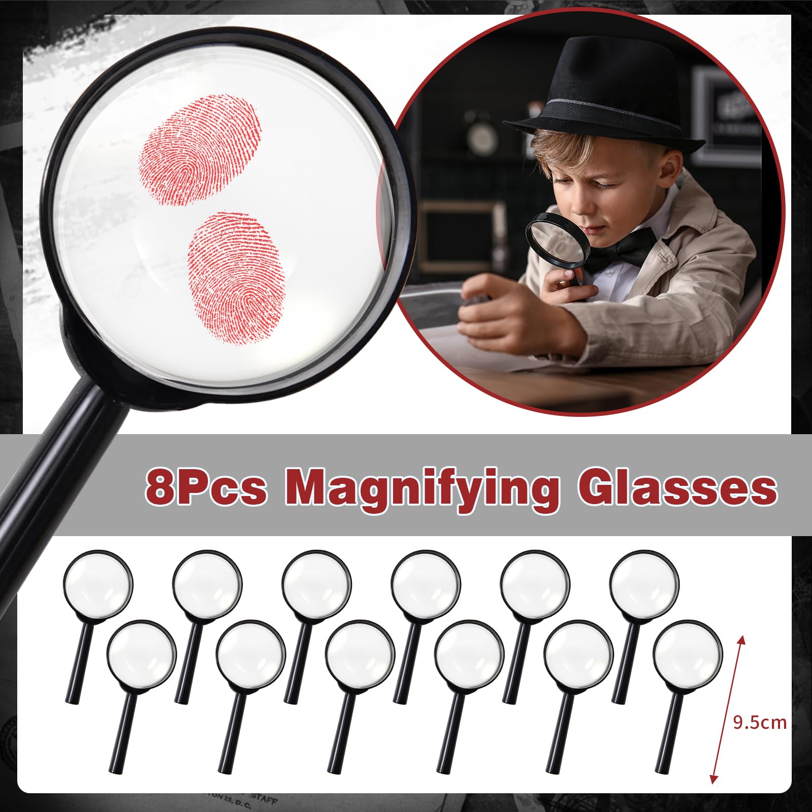 Detective Gadget Compleanno Bambini con Penna invisibile e Taccuino, Carte D'identità Detective, Lente D'Ingrandimento,Tamponi per Impronte Digitali, Kit Spionaggio Gioco Detective per Bambini