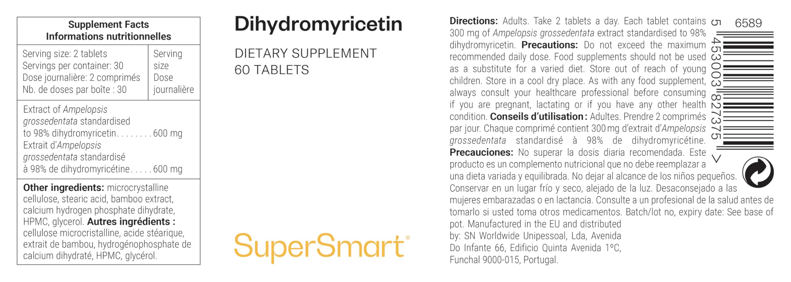 SuperSmart - Dihydromyricetin - 100% natürliche Flavonoid-Unterstützung - Leber & Entgiftung - Hilft gegen Kater | Nicht GVO & Glutenfrei - 60 vegetarische Kapseln