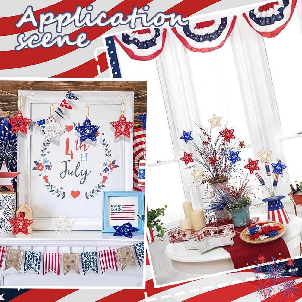 18Pcs 4 Inch Rattan Stars Star Vase Decorations Bulk Large Independence Day Patriotic Vase Bowl Filler Mixed Color Wedding Memorial Day 4th of July Decorations for Home Office Table Ornament