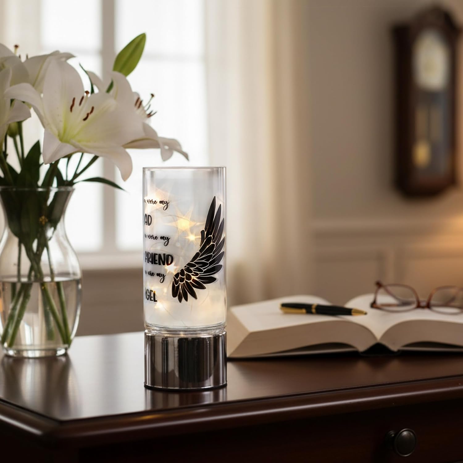 Rhytsing Memorial Gift - Battery Operated Flameless Candle with Timer Function, Glass Cylinder Lantern with Fairy Lights, Expressing Sympathy for Loss of Dad - D3.15 x H8 inches