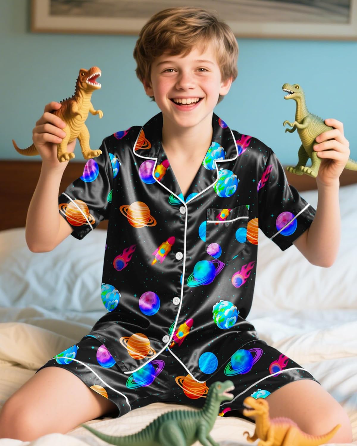 Fiodrimy Boys Pajamas Big Boys Satin PJS Set Summer Short Sleeve Button Down Kids Silky Pajama Lounge Sleepwear Size 8-14 - Image 3