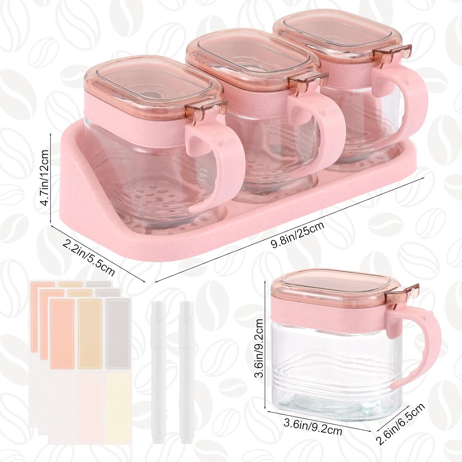 3 Pcs Pink Sugar Coffee Container Set, Glass Transparent Spice Jar, Coffee Station Organizer Set, Includes Label Stickers and Whiteboard Markers for Coffee Beans, Oats, Sugar (with base)