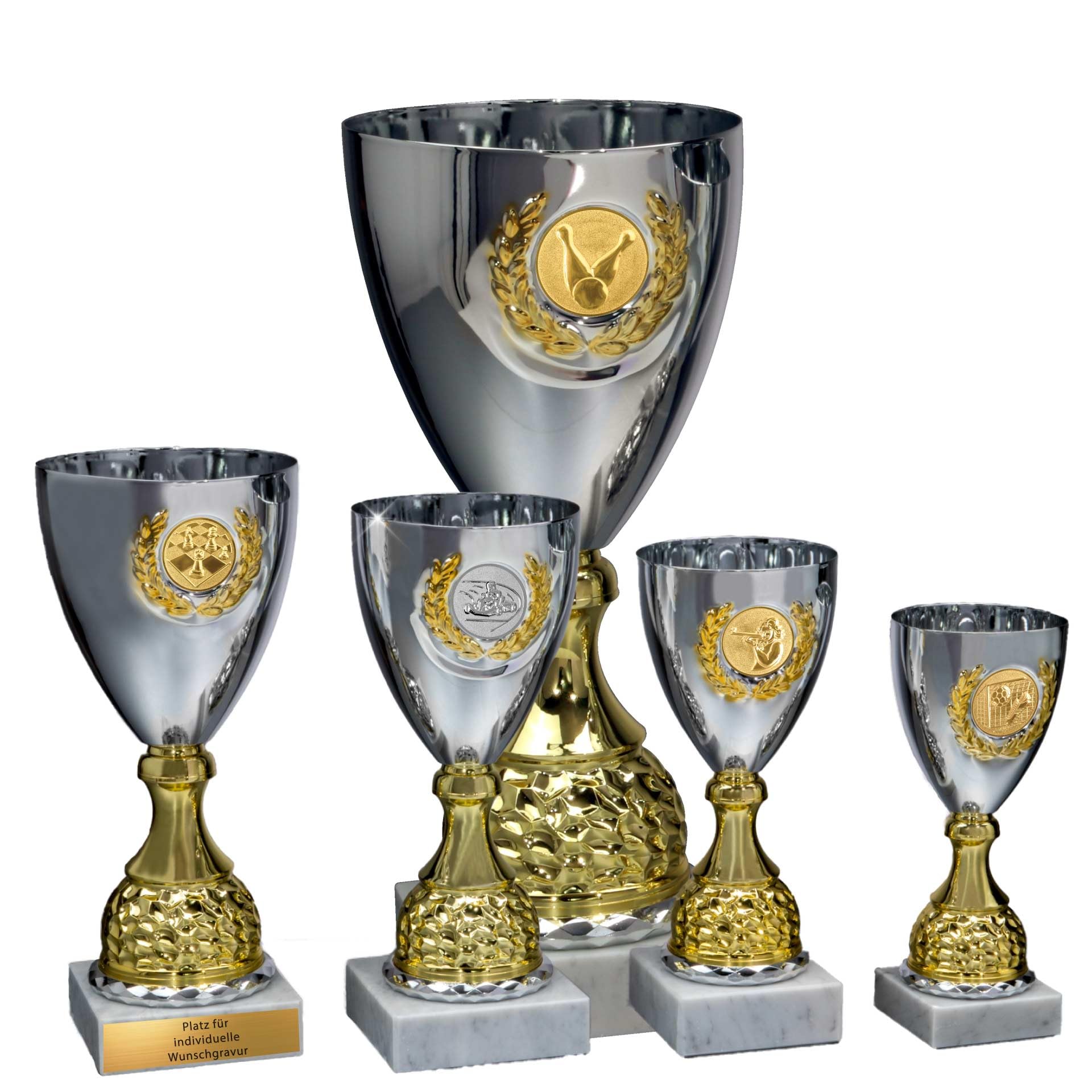 · Metall Pokal Anneke · Kelchpokal Silber-Gold · Pokal mit Wunschtext und auswählbarem Motiv-Emblem in 4 Größen vorhanden