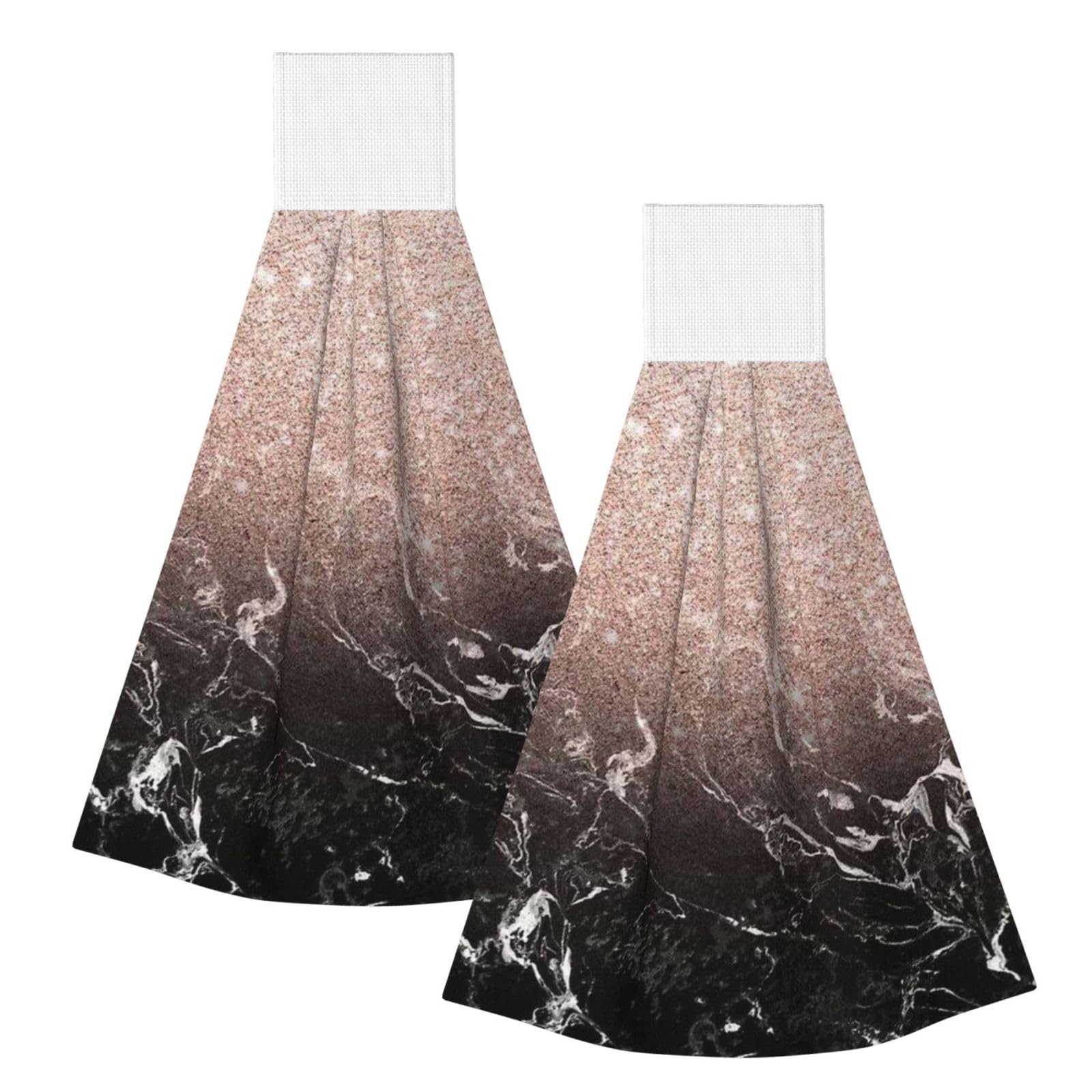 DOPKLNA Modern Rose Gold Black Marble Pink Glitter, 2 Pcs Hanging Coral Fiber Hand Towels for Bathroom, Absorbent Kitchen Towels