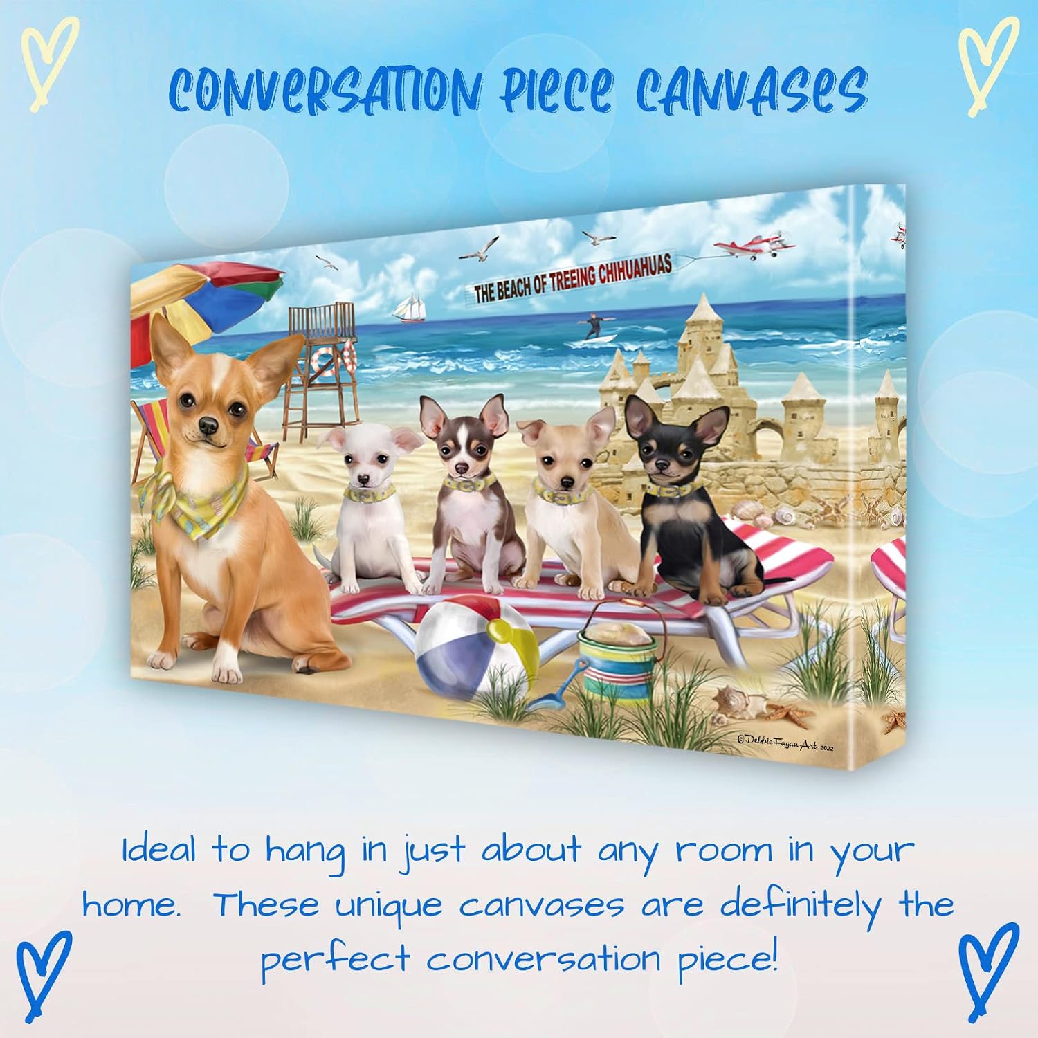 Doggie of the Day Pet Beach Family with Chihuahua Dogs Canvas Wall Art - Premium Quality Ready to Hang Room Decor - Flat Rolled 8" x 10"