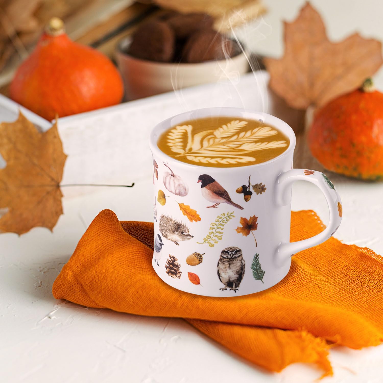 Autumn Animals Coffee Mug, 12 oz New Bone China Mug with Bird, Hedgehog, Owl & Pumpkin Design, Halloween & Fall Seasonal Ceramic Tea Mug, Nature Lover Gift, Designed in England by Harvest Green Studio - Image 2