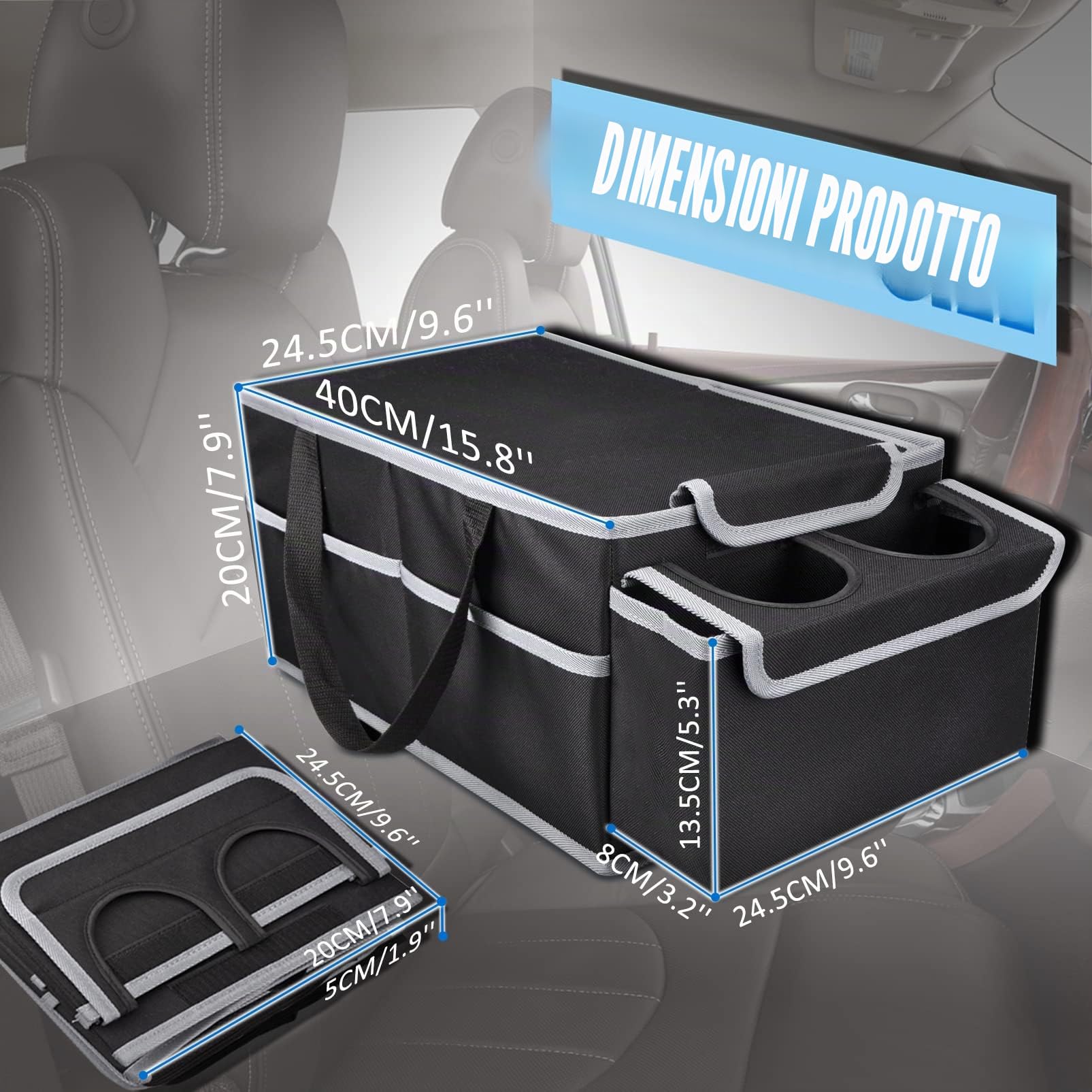 Organizer Sedile Auto per Sedile Posteriore & Anteriore, Pieghevole Organizzatore Sedili Auto con Cinture di Sicurezza & Portabicchieri, Accessori Portaoggetti da Viaggio per Bambini (Nero)