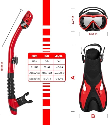 Miniatura 5 de Juego de equipos de snorkel equipo completo de snorkel para adultos (SM), rojo - Incluye máscara, aletas, esnórquel, bolsa de malla - Paquete de