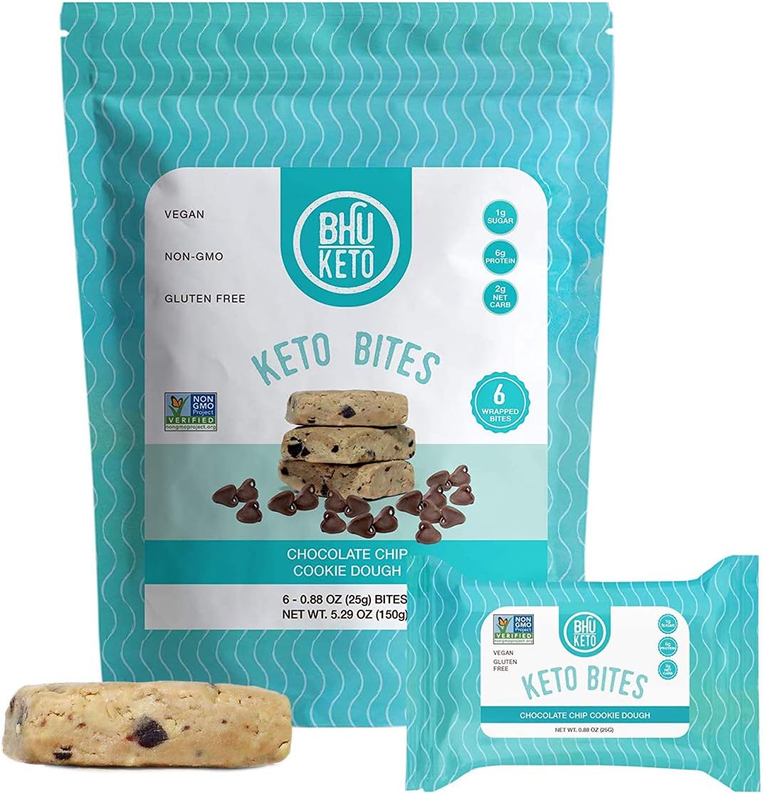 BHU Keto Bites - 1g Net Carb, 1g Sugar - Organic Keto Snack made with Clean, Gluten Free Ingredients - 6 Individually Wrapped Snacks per Bag (Chocolate Chip Cookie Dough)