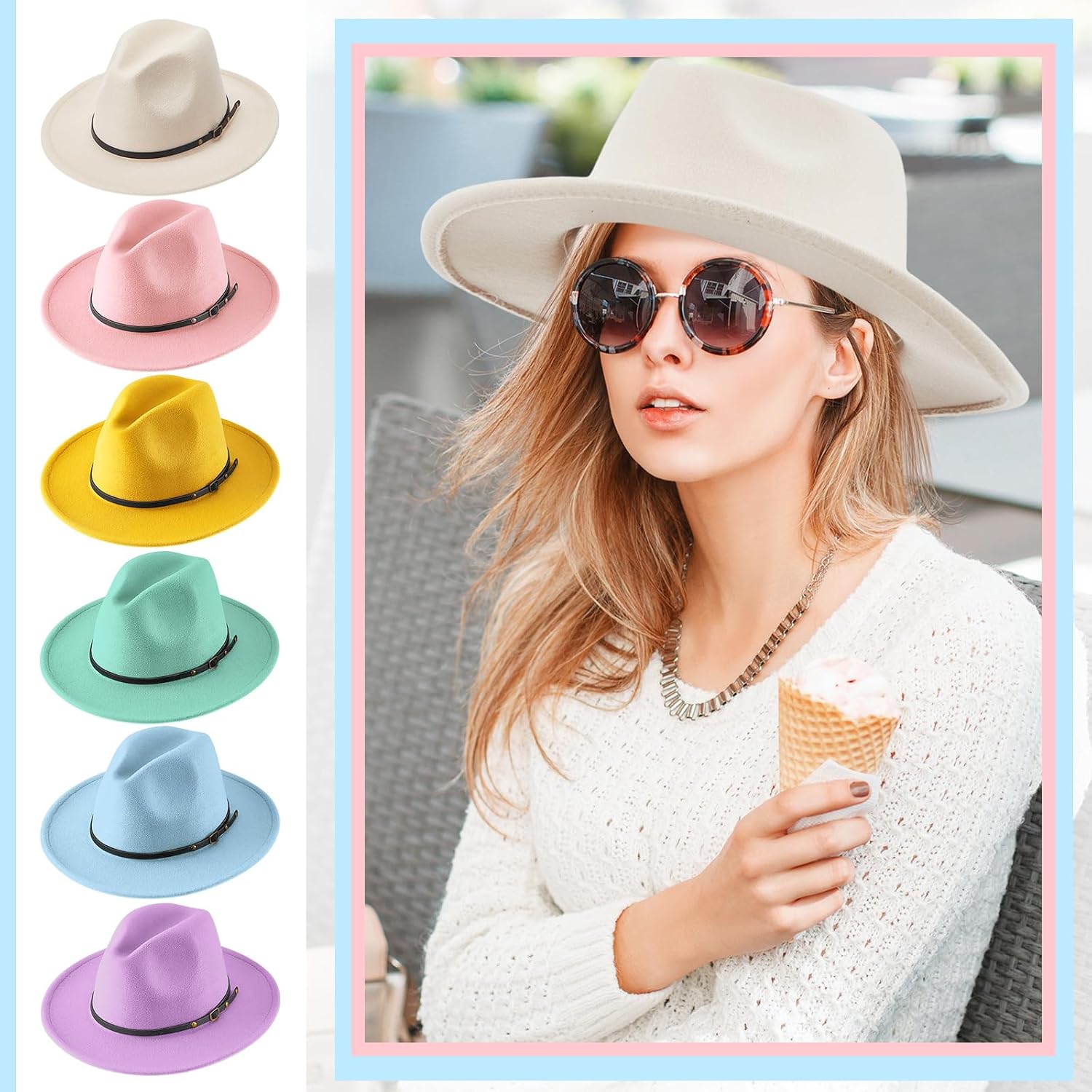 Hercicy 6 Pcs Fedora Hats for Women Men Felt Wide Brim Hats Vintage Boho Hat with Belt Buckle Panama Hat