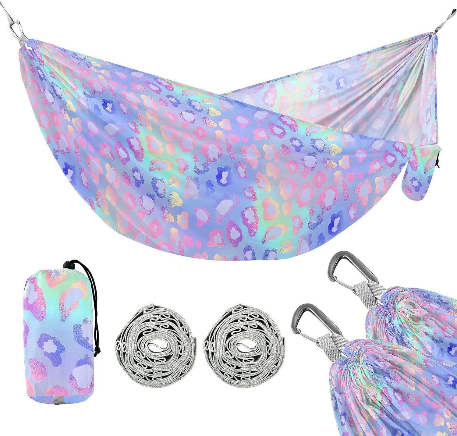 ALAZA Cheetah Print Leopard Rainbow Gradient Camping Hammocks Single or 2 Person 500 lbs Portable Parachute Travel Hammock w/Tree Straps for Hiking Backpacking Indoor Outdoor