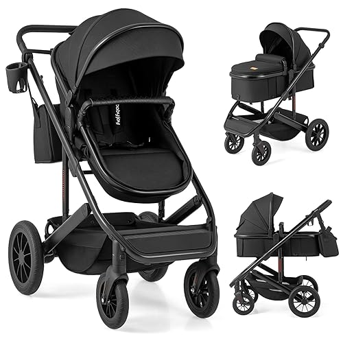 BABY JOY Cochecito de bebé convertible 2 en 1, paisaje alto con modo moisés, asiento reversible, toldo ajustable, soporte para tazas, bolsa de