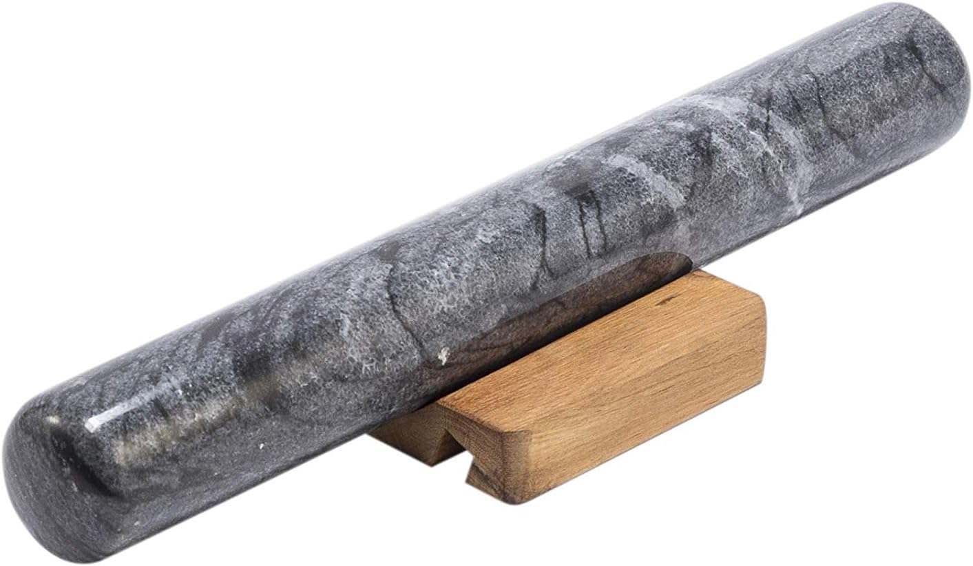 Marble Rolling Pin with Acacia Wood Phone Holder and a Scraper for Fondant/Dough/Baking, Heavy and Solid Stone, Black, 12 Inch Long, 1.6 inch Dia. …