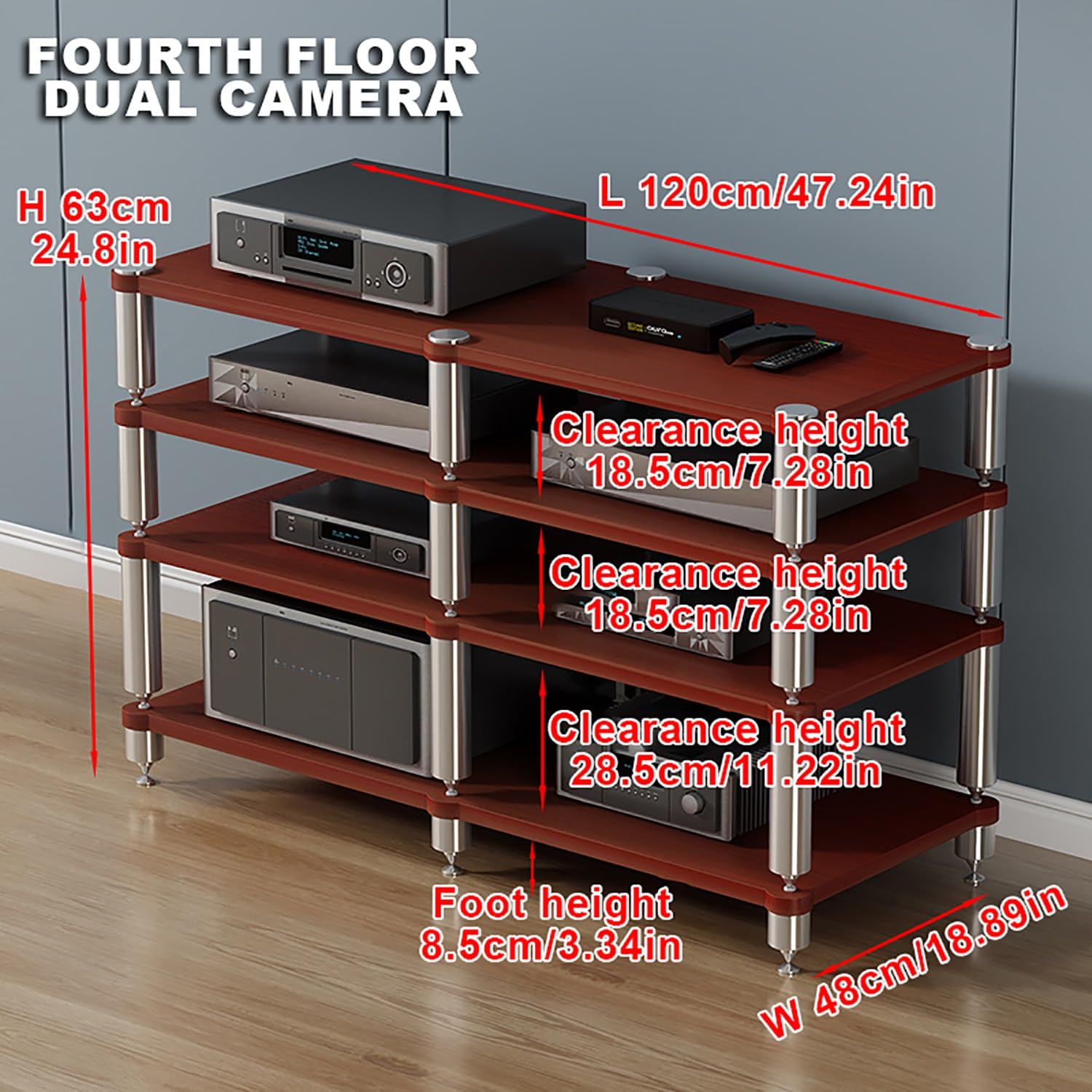 Mensola e supporto da gioco moderno, finitura noce, 120 x 48 x 84 cm, mensola AV a più livelli con 4 ampi ripiani per console e accessori, elegante per l'intrattenimento domestico