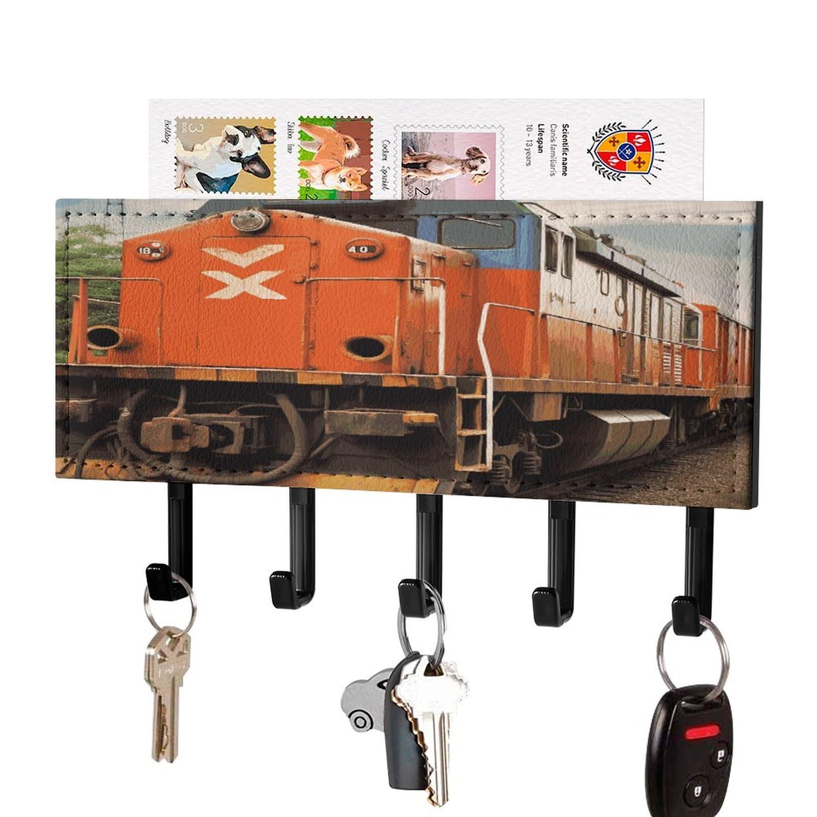 LDGSUPH Train Key Holder Wall Mount Key Hanger with 5 Hooks Fashion Key Organizer Rack Hanging Key Hooks with Mail Organizer Key Rack for Home Entryway Hallway Black-Style