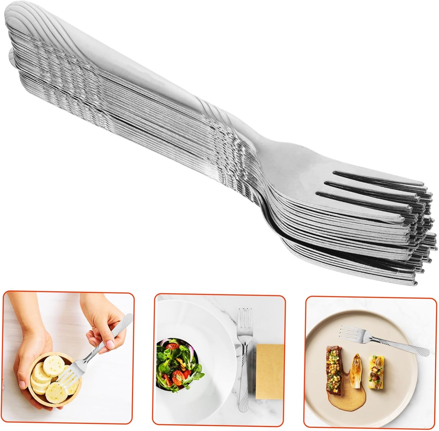 GANAZONO 24Pcs Stylish Pattern Stainless Steel Dessert Forks Silverware for Elegant Dining Parties Everyday Use Long Handle Salad Pastry Forks
