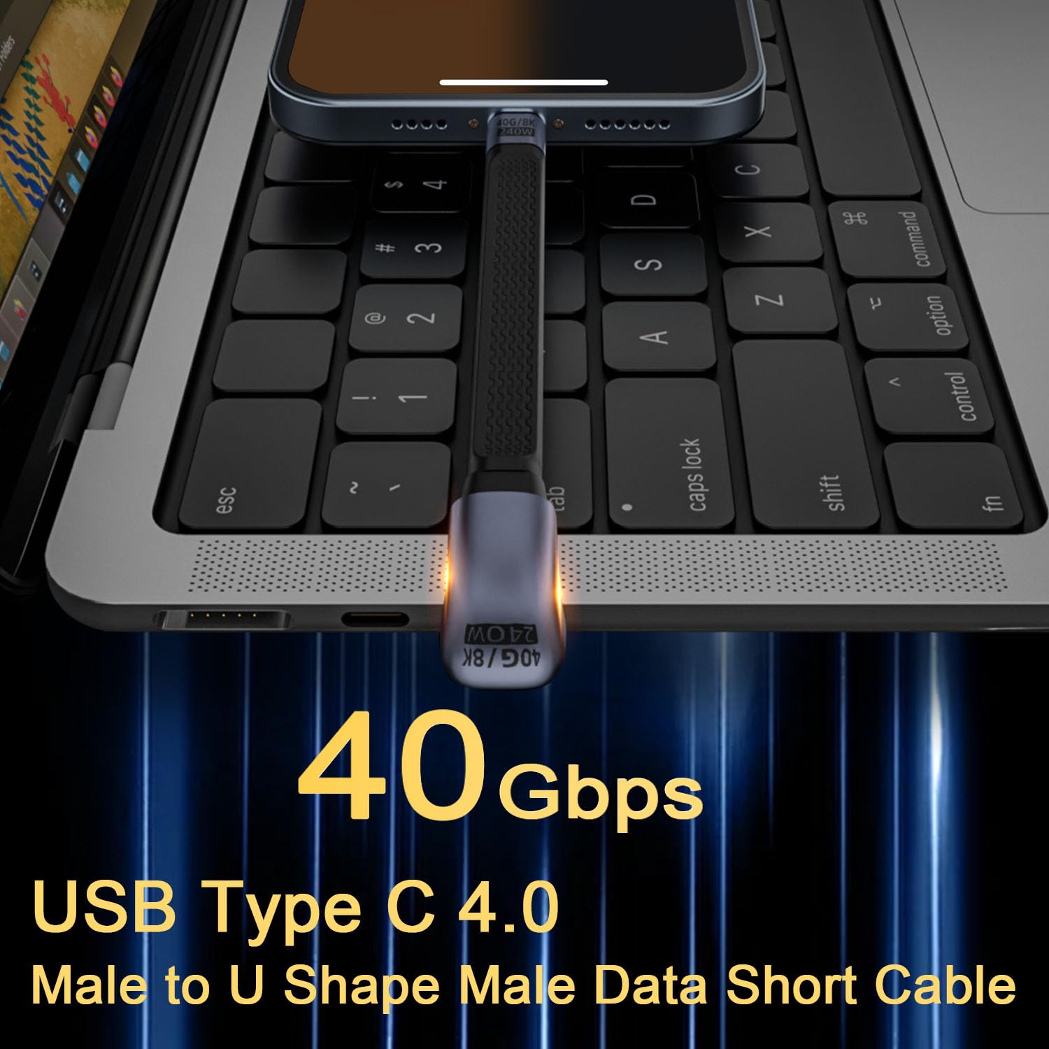 QIANRENON 240W USB4.0 C PD Fast Charging U Angle Short Cable 40Gbps Type C 4.0 Male to U Shape Male Flat Soft Data Cable USB4.0 C Full Function 8K@60Hz,for Phone Thunderbolt 3/4 Power Bank,13cm/5.1in - Image 4