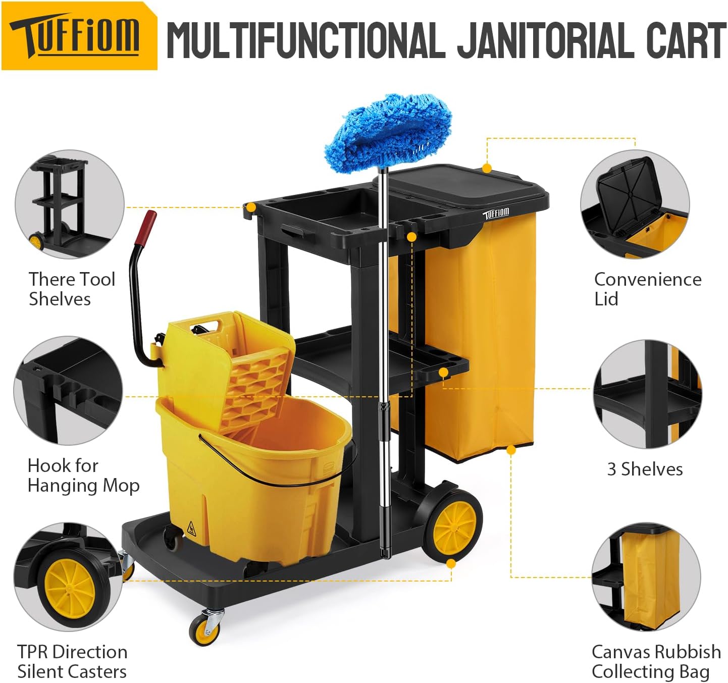 TUFFIOM Commercial Traditional Cleaning 3-Shelf Janitorial Cart, 500 Lbs Capacity Housekeeping Cart, Wheeled with Yellow VinylBag and Cover w Lid, Black,