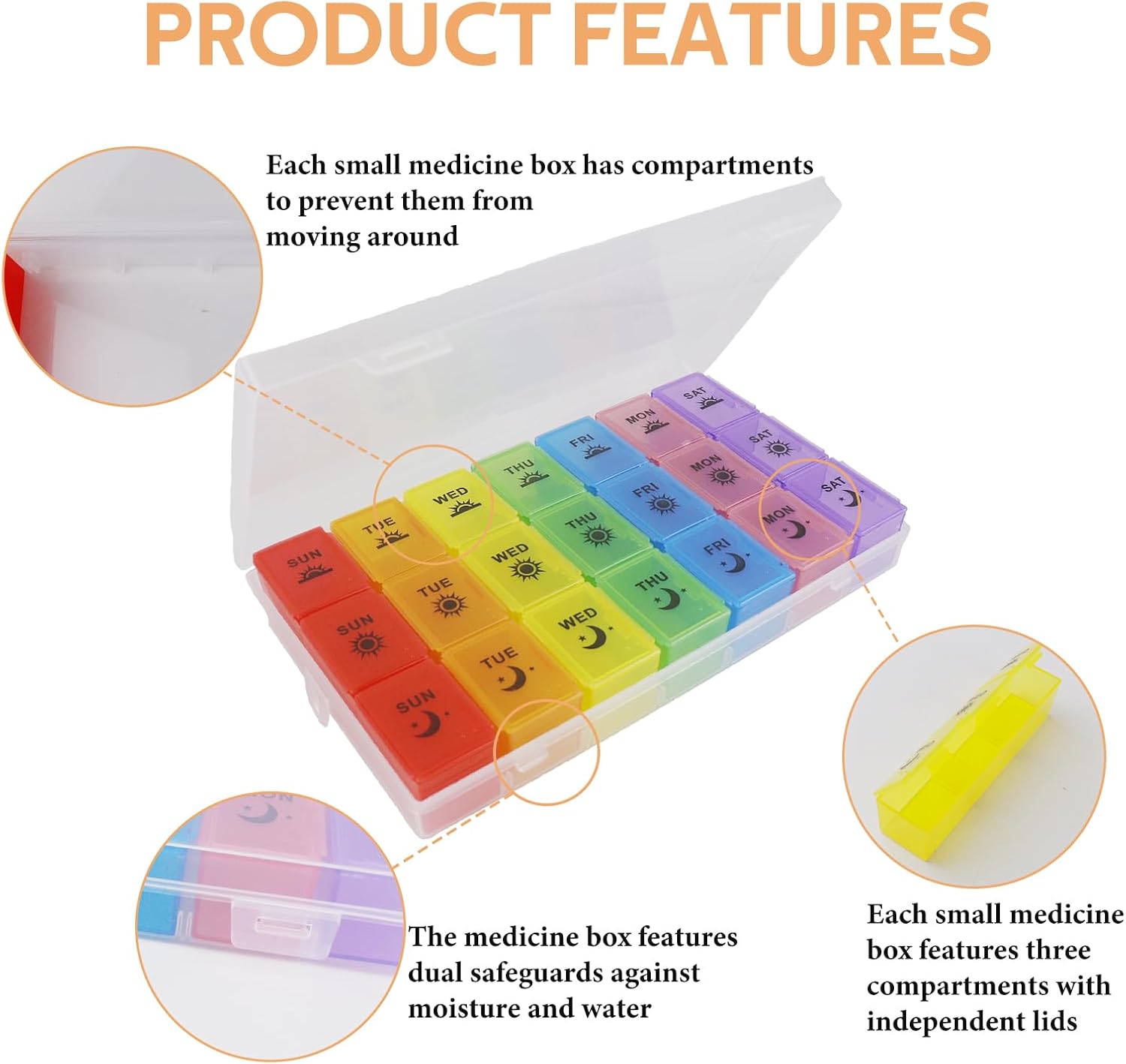 4PC Weekly Pill Organizer 3 Times a Day, 7-Day Moisture-Proof Pill Box with 21 Compartments, Portable Travel Container for Vitamins Fish Oil Compartments Supplements(Color)
