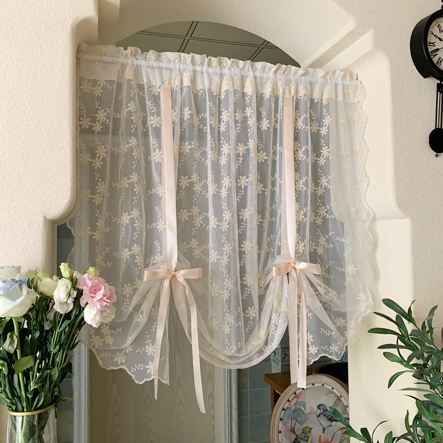 Vintage Lace Curtains,Floral Embroidery Sheer Tie Up Balloon Curtain