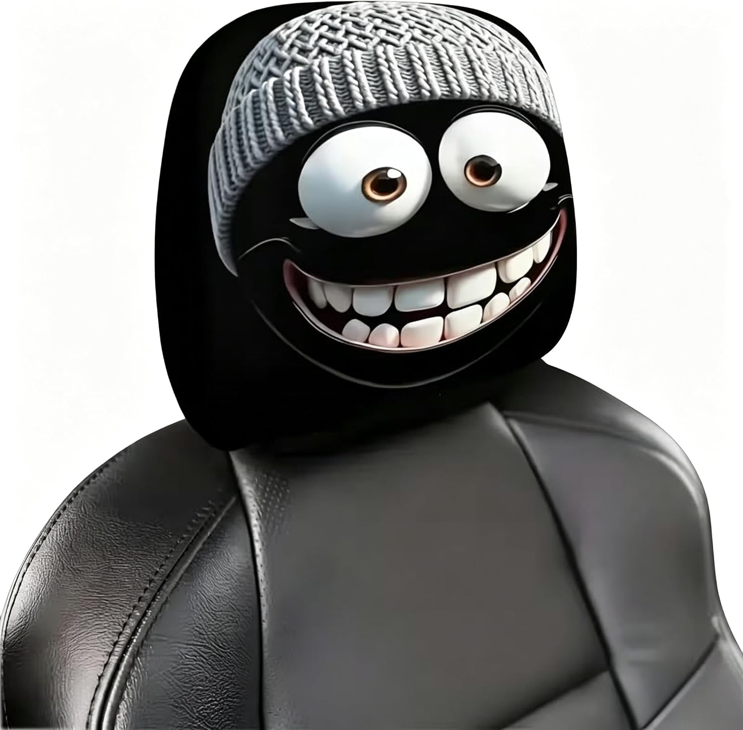 2PCS Funny Cartoon Car Headrest Covers- Grey Hat Smiling Face 2D Printed Auto Seat Protector, Elastic Interior Decoration Accessories for Men Women, Easy Install Year-Round Vehicle Gift