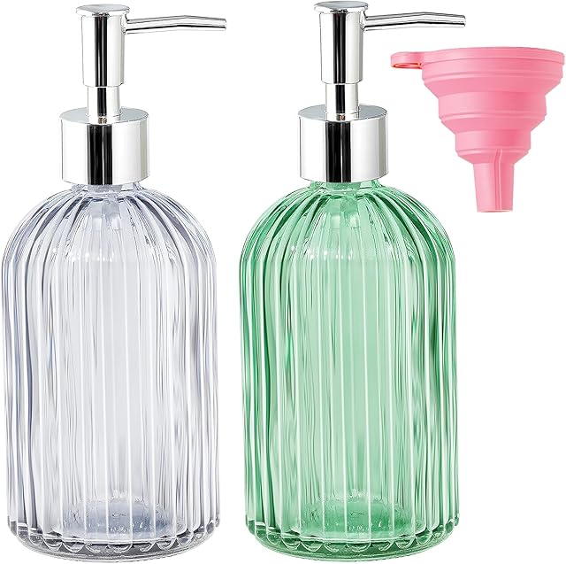 2 Pack Glass Soap Dispenser Bottle with Pump 14 Oz Refillable Liquid Hand Jar Dispenser Washing Up Liquid Dispenser for Bathroom Kitchen Sink(Transparent&Green)