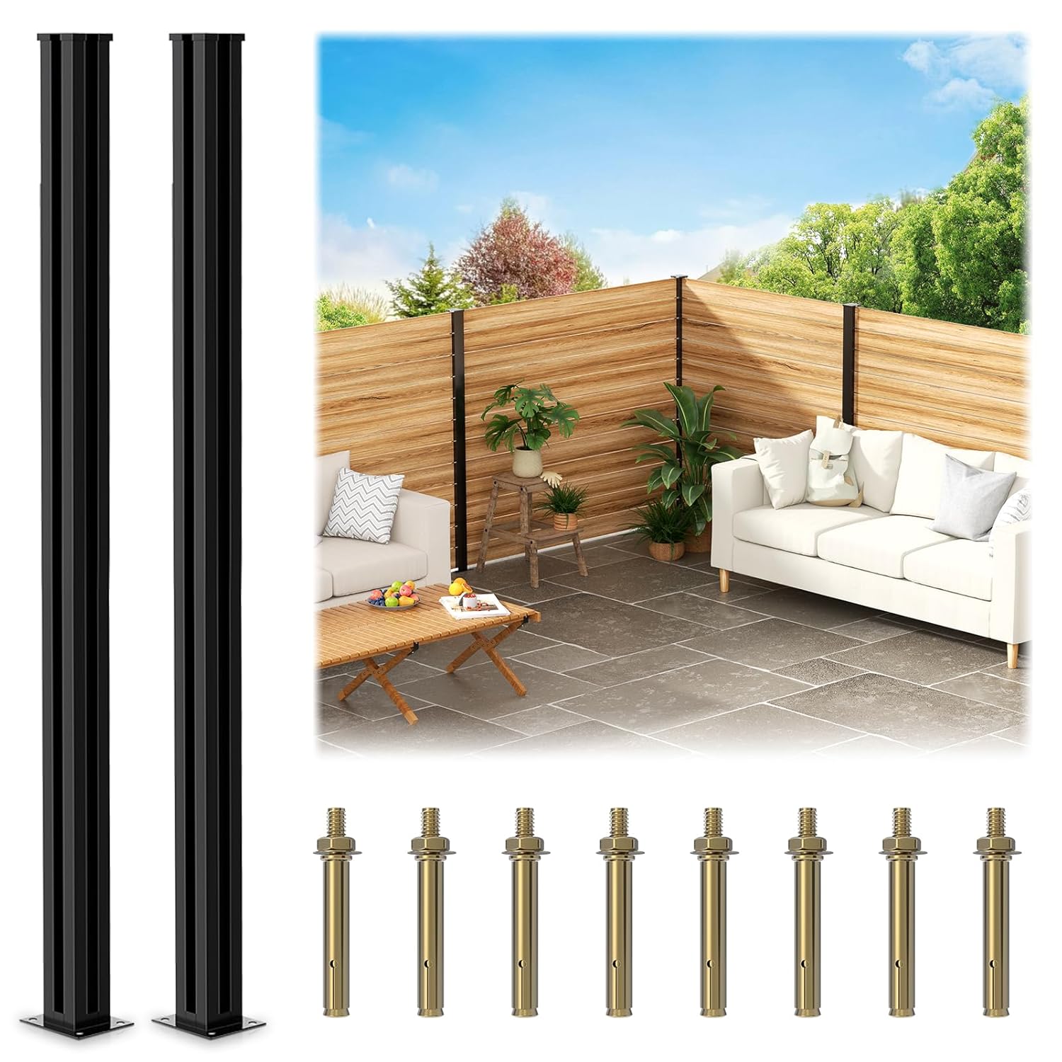 5 Feet Aluminium Alloy Fence Post Matte Black Metal Wood Fence Column for Outdoor Privacy Panels(2 Pack Corner Post)