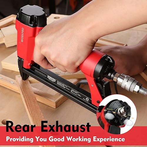 Miniatura 6 de WORKPRO Pistola de grapas neumática 8016, grapadora de tapicería de calibre 21 con 1500 grapas de 14 a 58 pulgadas, accionada por aire, escape