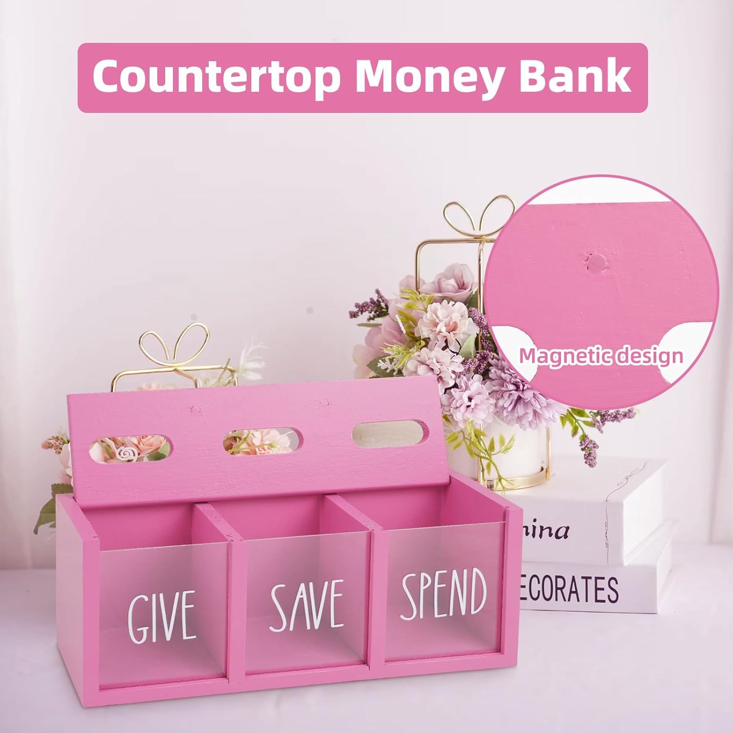 Wooden Piggy Bank for Kids, Spend Save Give Money Saving Box Visualized Coin and Cash Savings Box for Childrens Boys Girls Adults(Countertop & Wall-Mount, Pink)