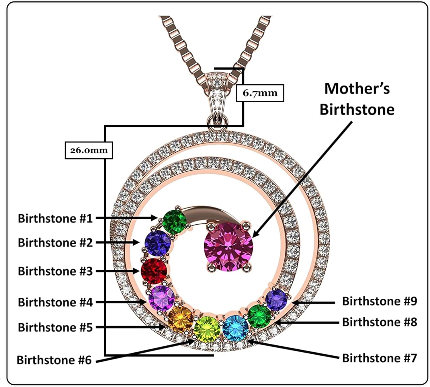 Central Diamond Center Swirl Birthstone Mothers Necklace w/ 1 to 9 Simulated Gemstones in Silver, 10K, or 14K Gold For Women