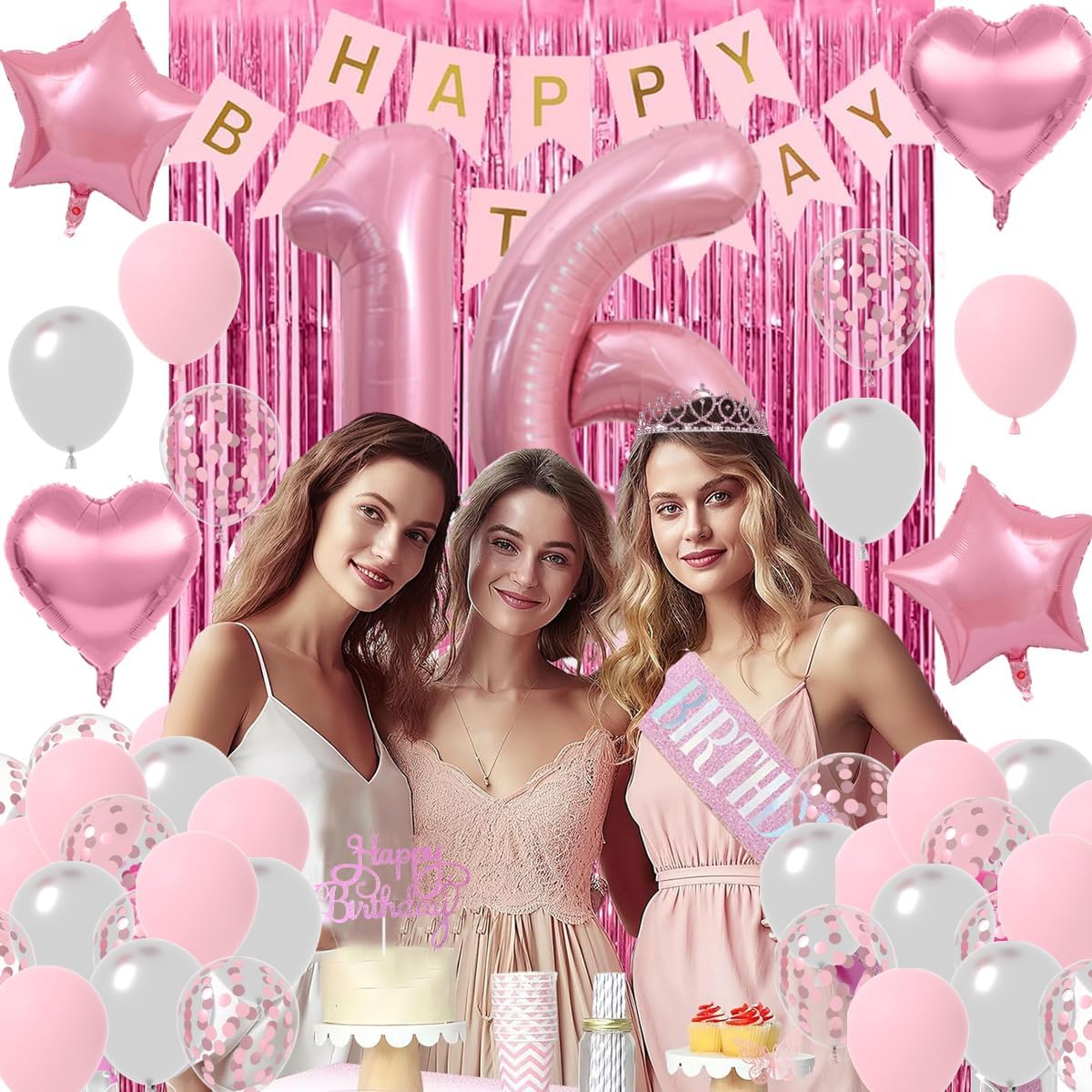 Sweet 16 Party Decorations for Girls, Pink and Silver 16th Birthday Decorations, Happy Birthday Banner Fringe Curtain Cake Topper Balloons Sash and Tiara, Pink 16 Birthday Party Supplies for Girls - Image 7