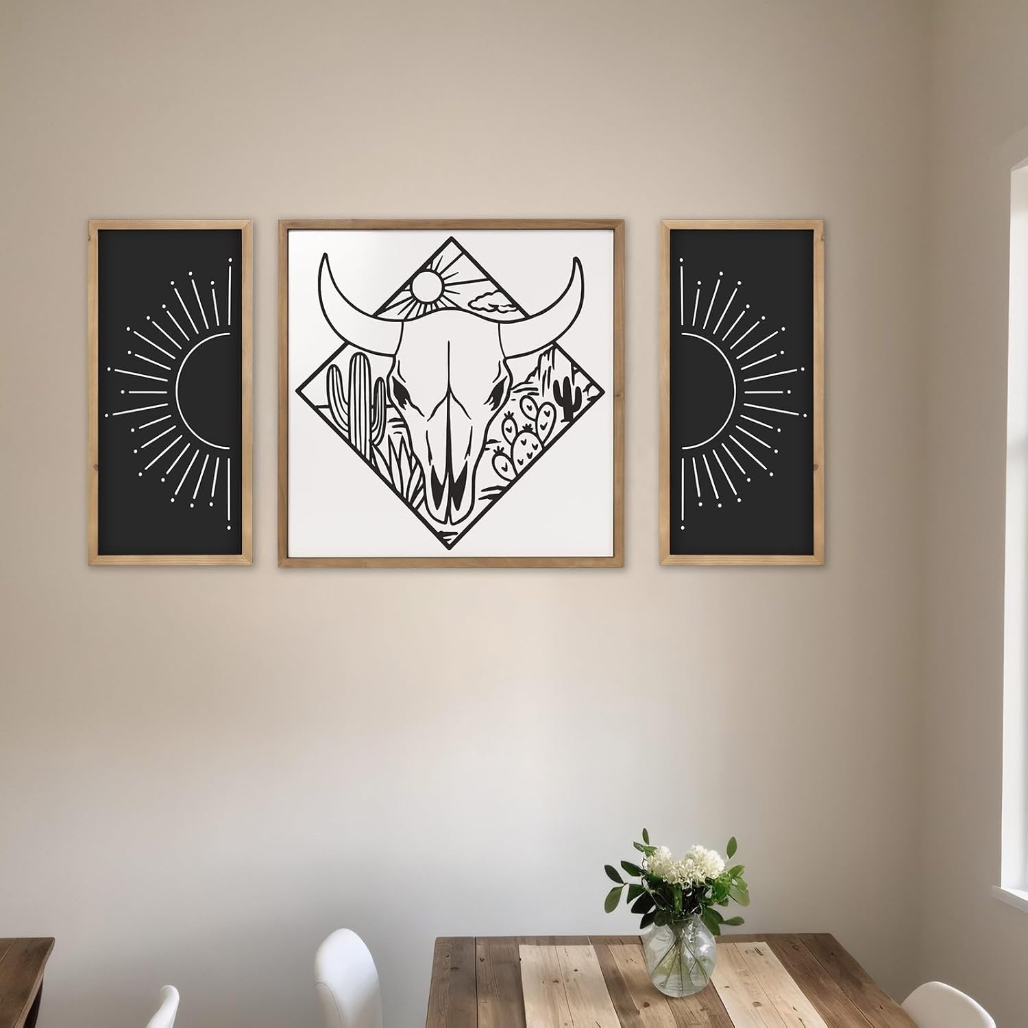 flangairy 2pcs Boho Wall Decor With Wood Framed, Wooden White And Black Sun Wall Art, Minimalist Bedroom Bathroom Living Room Rustic Farmhouse Decorations For Home