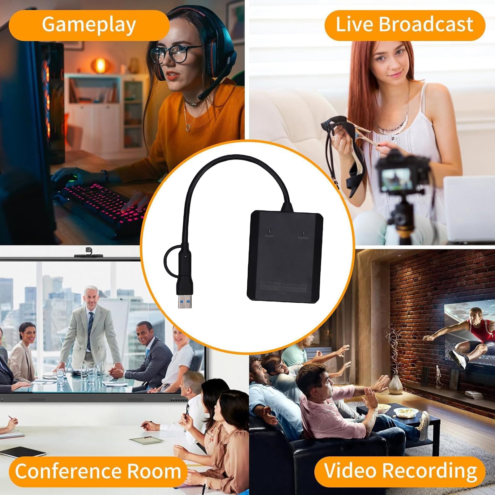 Convertidor VHS A Digital, Tarjeta de Captura de Vídeo USB con Interfaz Dual USB A y C, Convierte AV Analógico A 720P 1080P HD Multimedia para VCR DVD