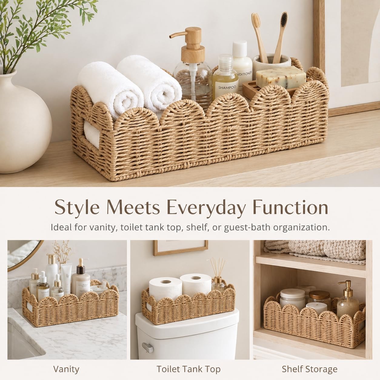 Scalloped Toilet Tank Basket — Paper Rope Woven Toilet Paper Holder for Back of Toilet, Natural Scalloped Wicker Tray, Boho Bathroom Organizer and Storage for Tank Top, Countertop & Small Spaces