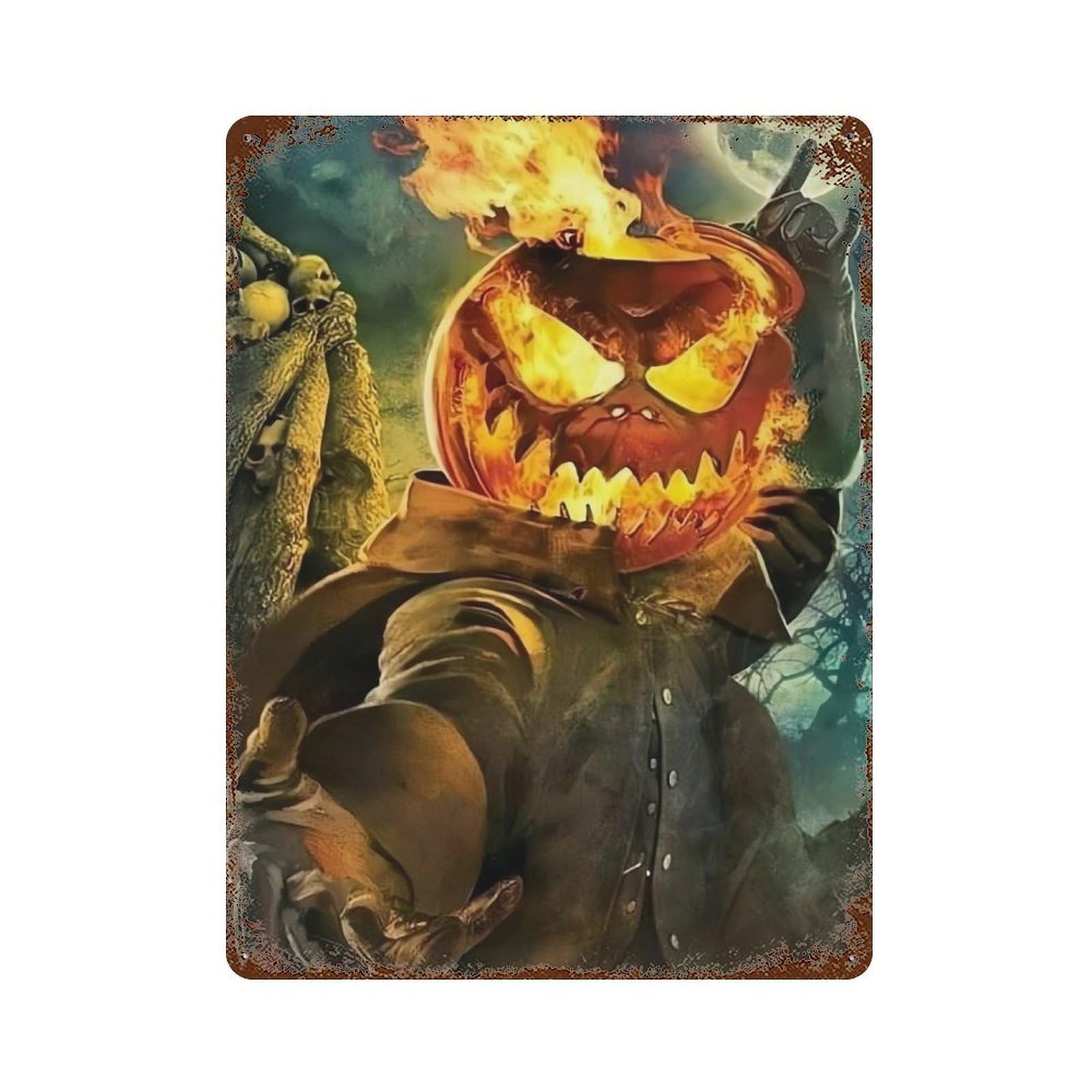 Spooky Pumpkin Head 15.7"x11.8" Retro Metal Sign, Old School Wall Decor for Office, Studio And Wall Decor