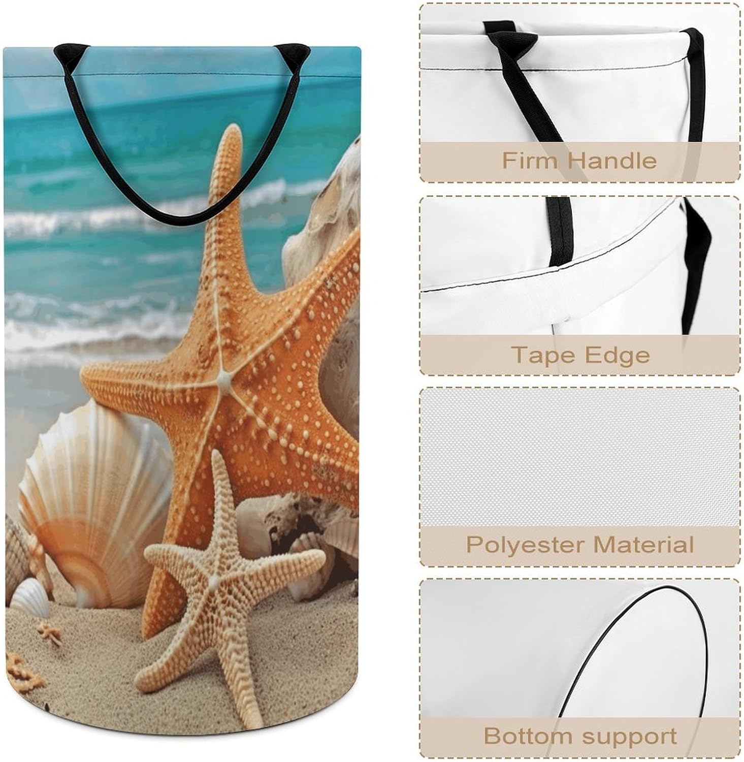 Starfish Seashell Beach Laundry Basket Dirty Clothes Bin, Waterproof Laundry Hamper, Laundry Bag, Clothes Hamper Stands for Bedroom, Towels,Clothings image 4